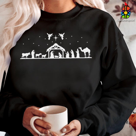 SWEATSHIRT (5203) 1 CAMEL Nativity Scene Jesus Merry Christmas Xmas Christian Quotes Scripture, Bible Verses God Religious Nativity Jumper