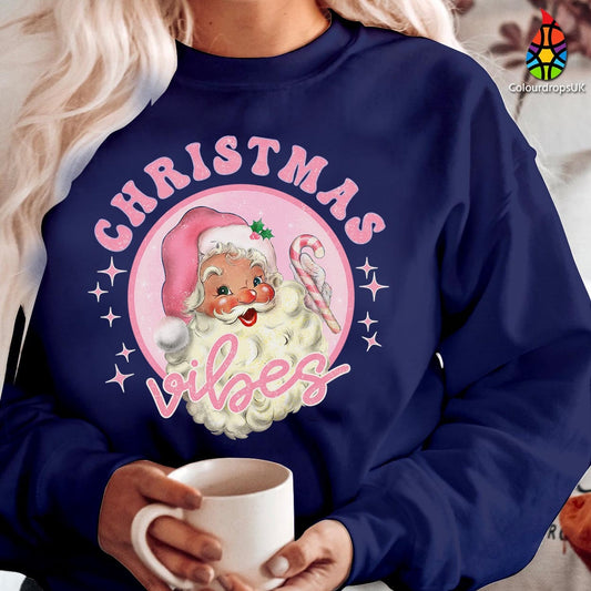 SWEATSHIRT (5296) CHRISTMAS VIBES Joly Retro Santa Face Sweatshirts Cute Elf Costume Xmas Family Holiday Gift Santa Clause Christmas Jumpers