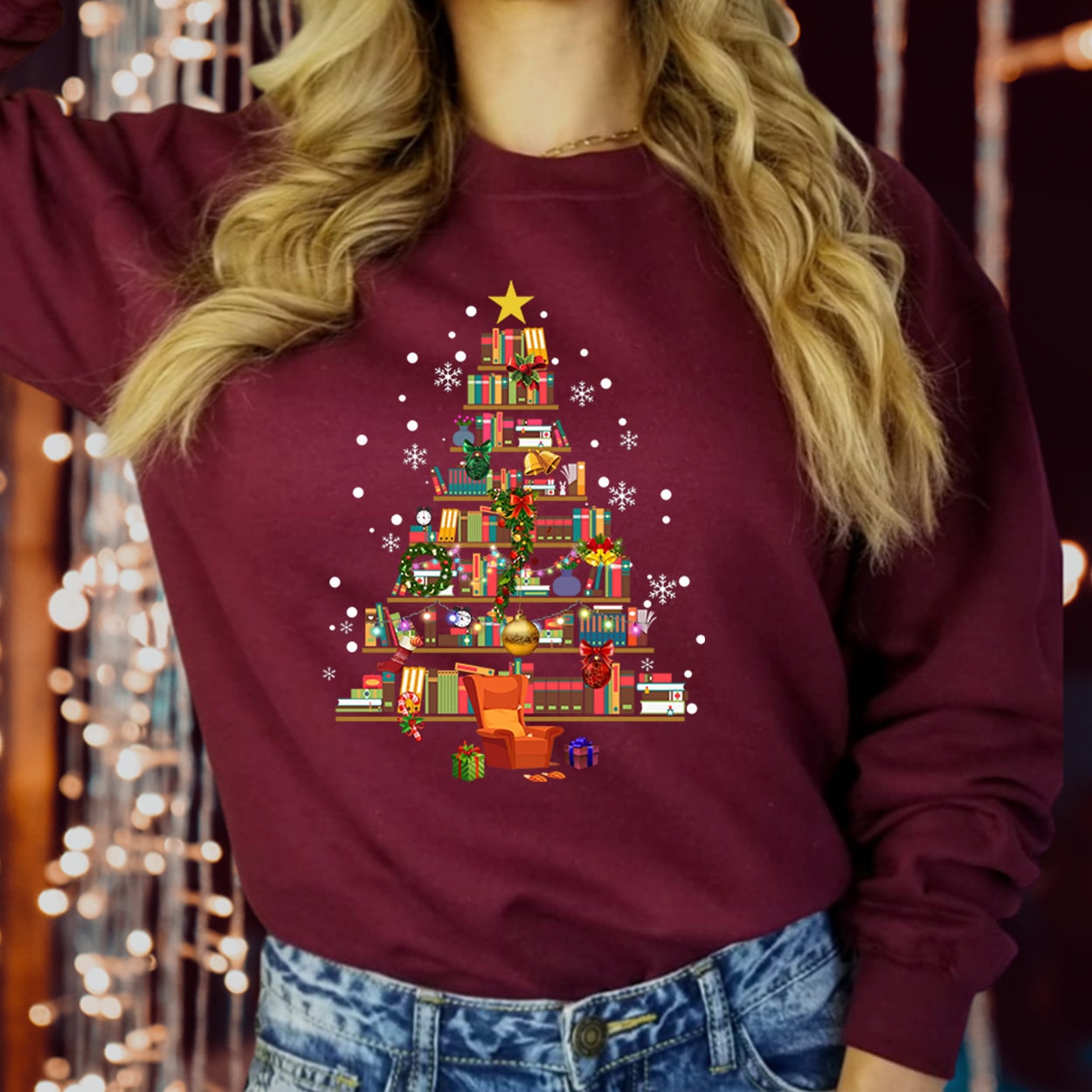 SWEATSHIRT (5324) BOOK CHRISTMAS Tree Merry Bookmas Books Christmas Tree Librarian Christmas Book Lovers Bookworm Bookish Teacher Christmas