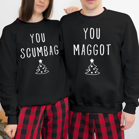 SWEATSHIRT (V2-5243-44) You MAGGOT SCUMBAG Couple Matching Funny Christmas Xmas Crewneck Jumper Women's Holiday Gift for Her Him