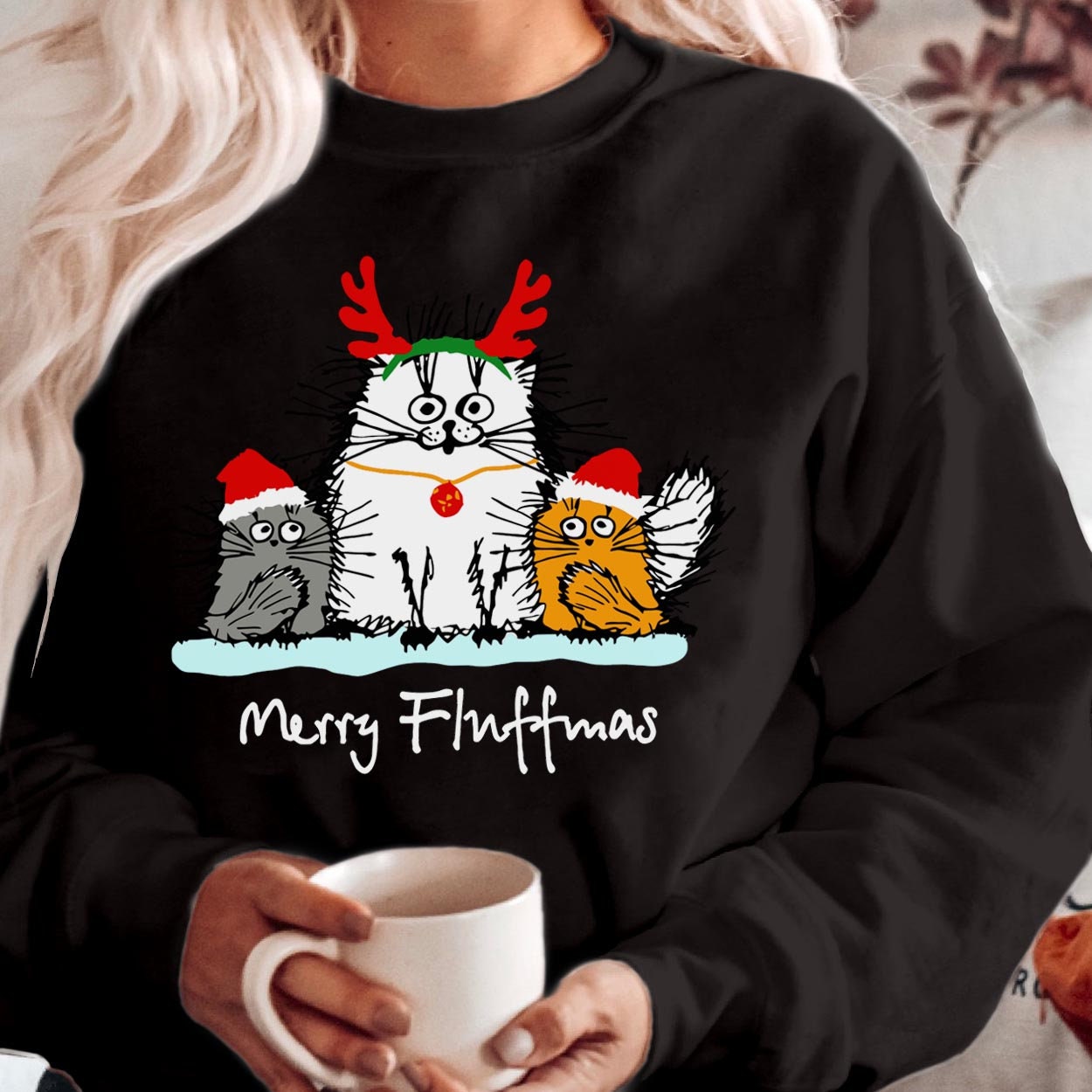 SWEATSHIRT (5179)  MERRY FLUFFMAS Cat Meow Christmas Cat Merry Catmas Tree Jumper Sweatshirts