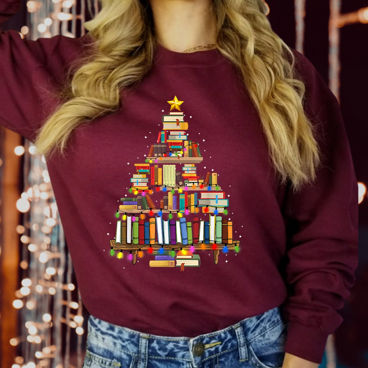 SWEATSHIRT (5323) BOOK CHRISTMAS Tree Merry Bookmas Books Christmas Tree Librarian Christmas Book Lovers Bookworm Bookish Teacher Christmas