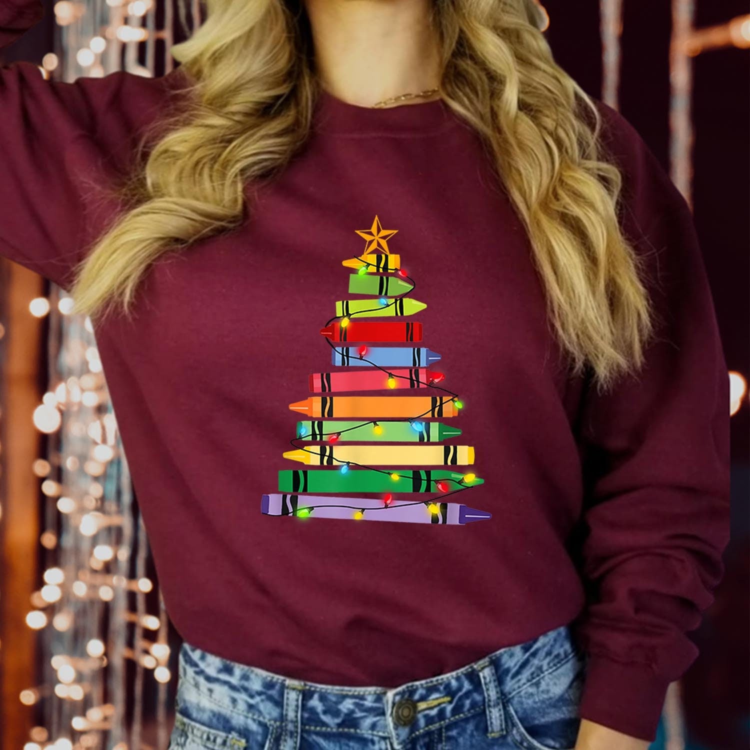 SWEATSHIRT (5171) Christmas Crayon Tree Teacher Christmas Gift Women Christmas Jumper