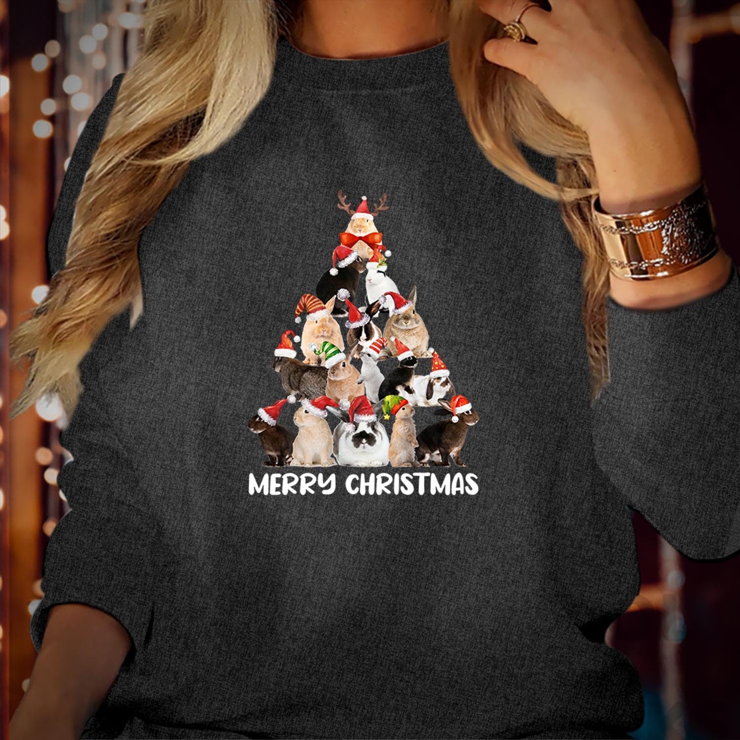 SWEATSHIRT (5102) Bunny Rabbit Merry Christmas Tree Sweater Adorable Holiday Shirt Festive Bunnies, Seasonal Cheer Vibes Merry Xmas Jumper