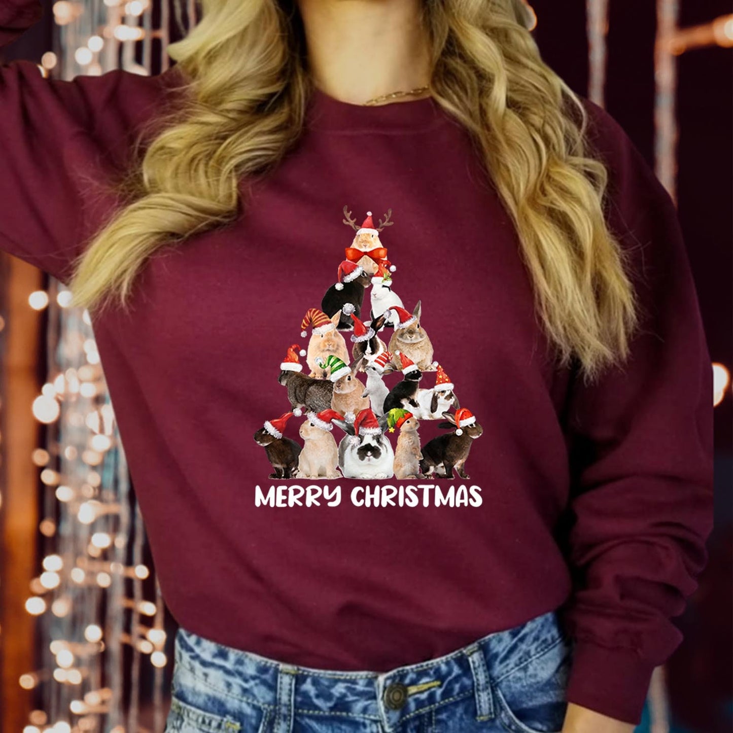 SWEATSHIRT (5102) Bunny Rabbit Merry Christmas Tree Sweater Adorable Holiday Shirt Festive Bunnies, Seasonal Cheer Vibes Merry Xmas Jumper