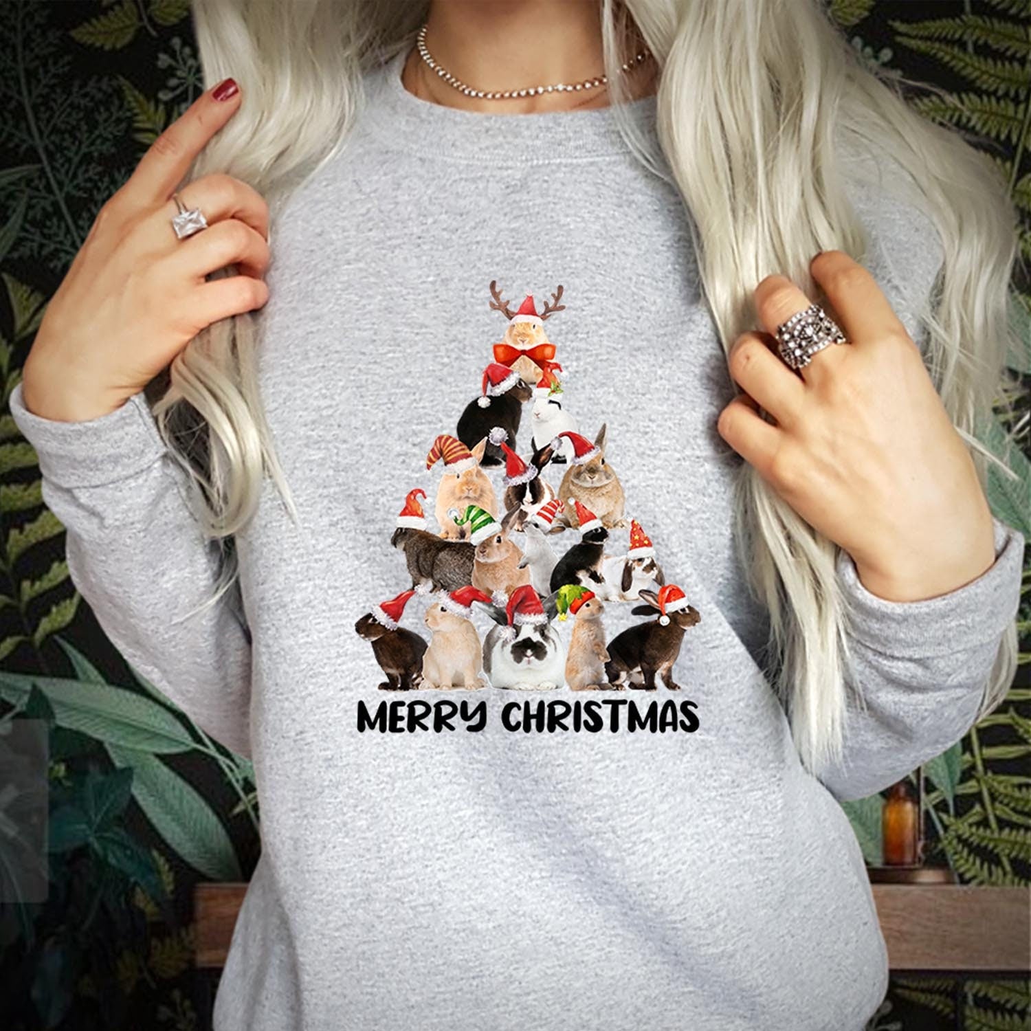 SWEATSHIRT (5102) Bunny Rabbit Merry Christmas Tree Sweater Adorable Holiday Shirt Festive Bunnies, Seasonal Cheer Vibes Merry Xmas Jumper