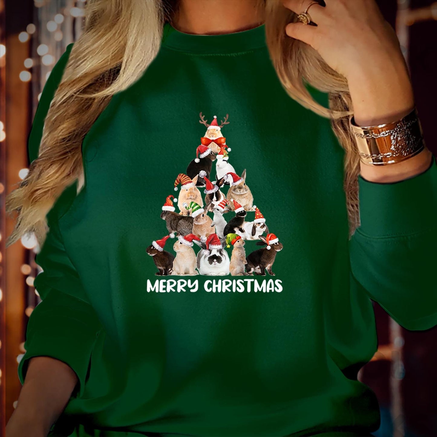 SWEATSHIRT (5102) Bunny Rabbit Merry Christmas Tree Sweater Adorable Holiday Shirt Festive Bunnies, Seasonal Cheer Vibes Merry Xmas Jumper