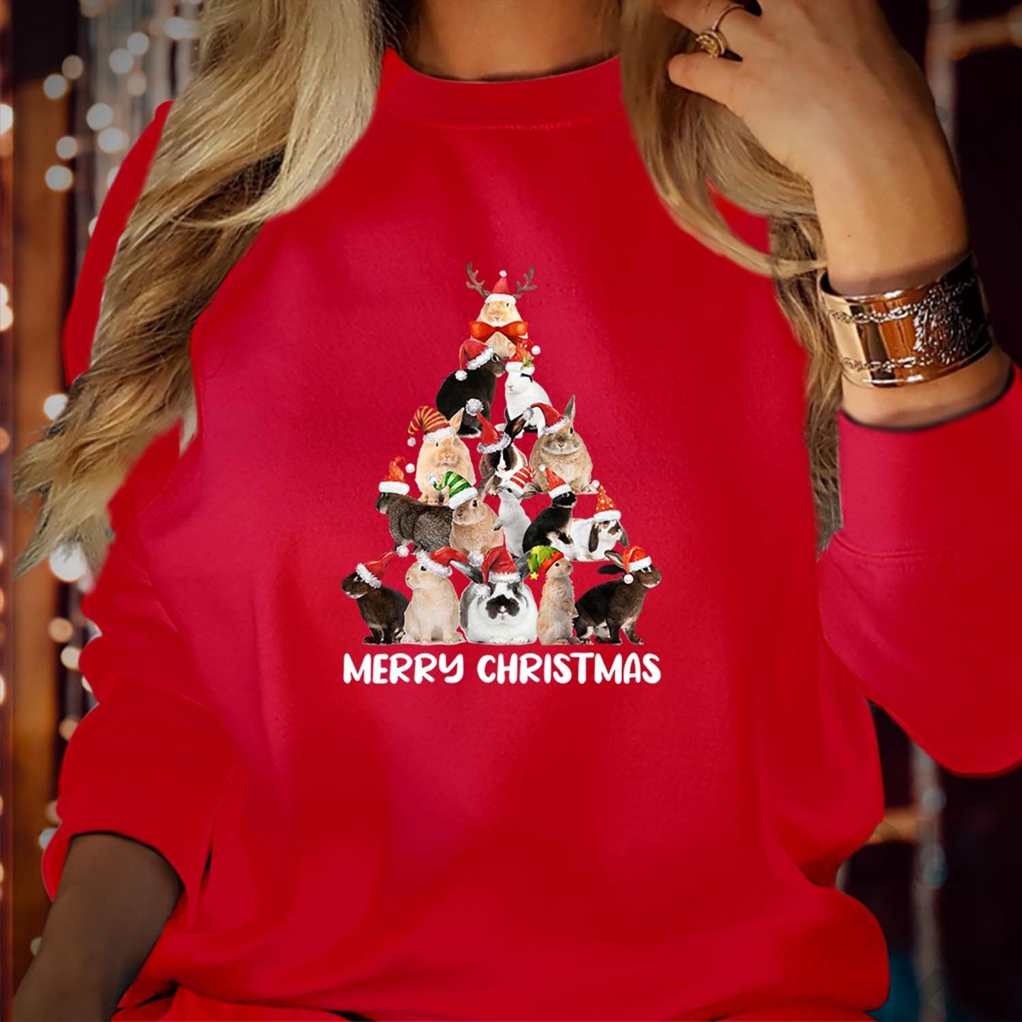 SWEATSHIRT (5102) Bunny Rabbit Merry Christmas Tree Sweater Adorable Holiday Shirt Festive Bunnies, Seasonal Cheer Vibes Merry Xmas Jumper