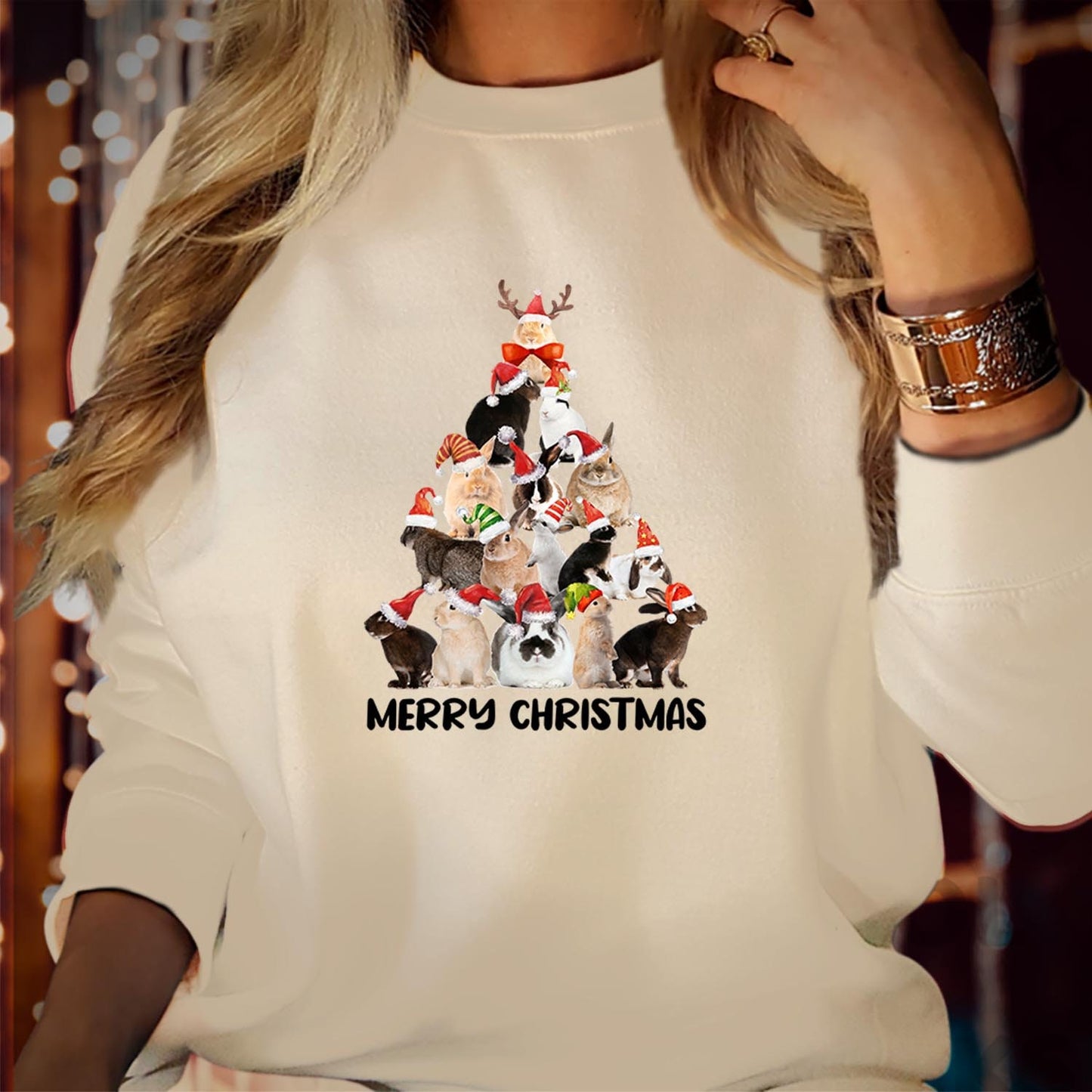 SWEATSHIRT (5102) Bunny Rabbit Merry Christmas Tree Sweater Adorable Holiday Shirt Festive Bunnies, Seasonal Cheer Vibes Merry Xmas Jumper