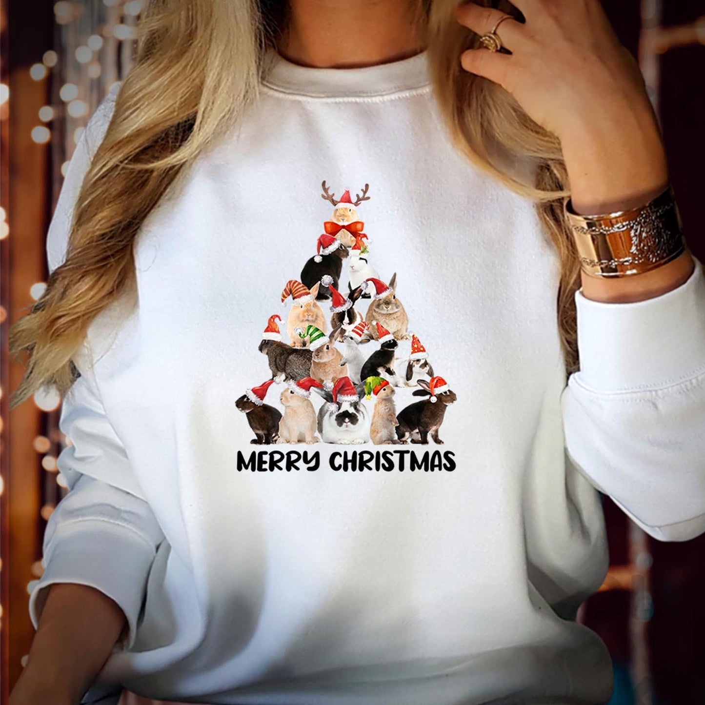 SWEATSHIRT (5102) Bunny Rabbit Merry Christmas Tree Sweater Adorable Holiday Shirt Festive Bunnies, Seasonal Cheer Vibes Merry Xmas Jumper