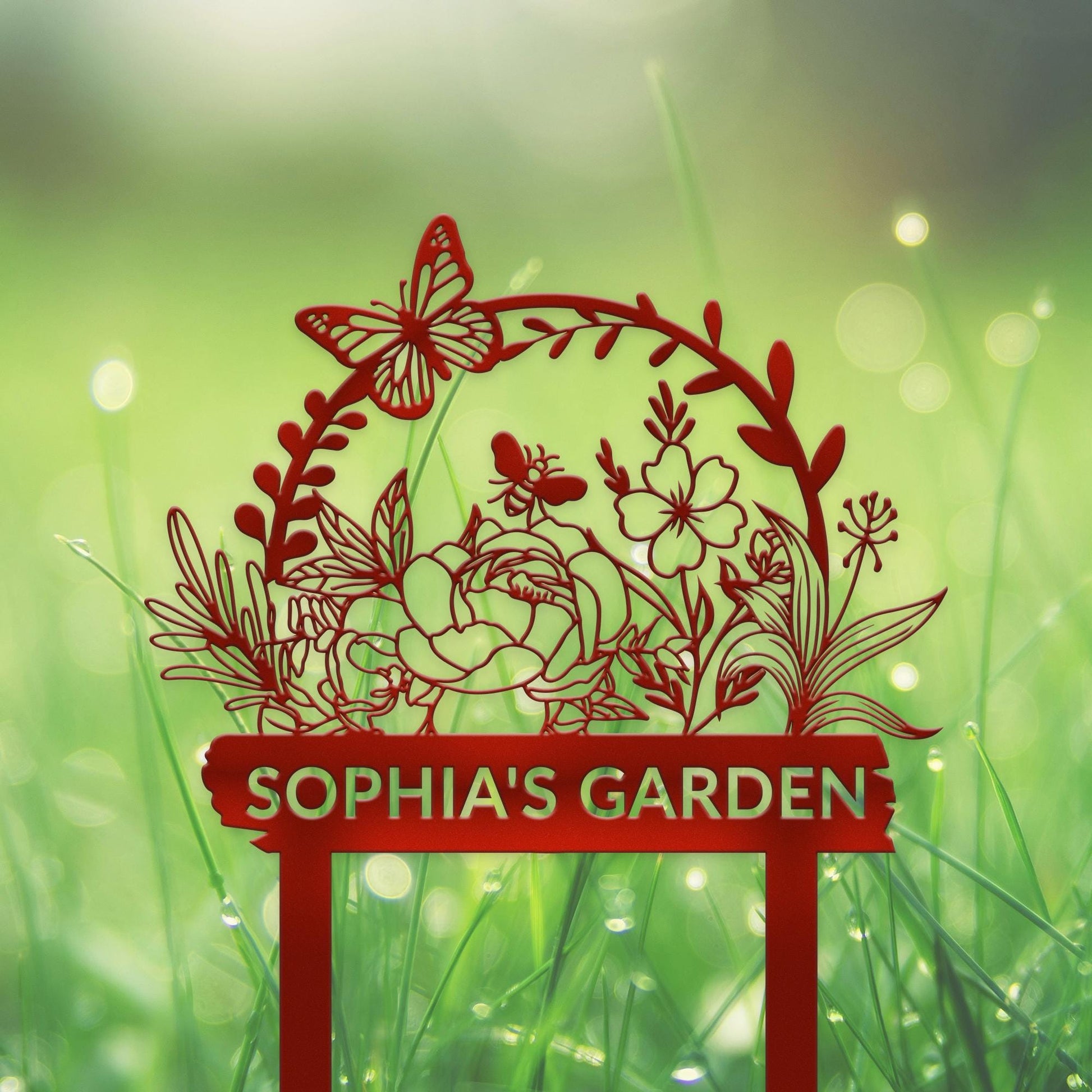 Personalized Garden Name Sign, Custom Flower Garden Sign, Flower Sign with Stakes, Garden Butterfly Sign, Outdoor Metal Sign, Lawn Signs