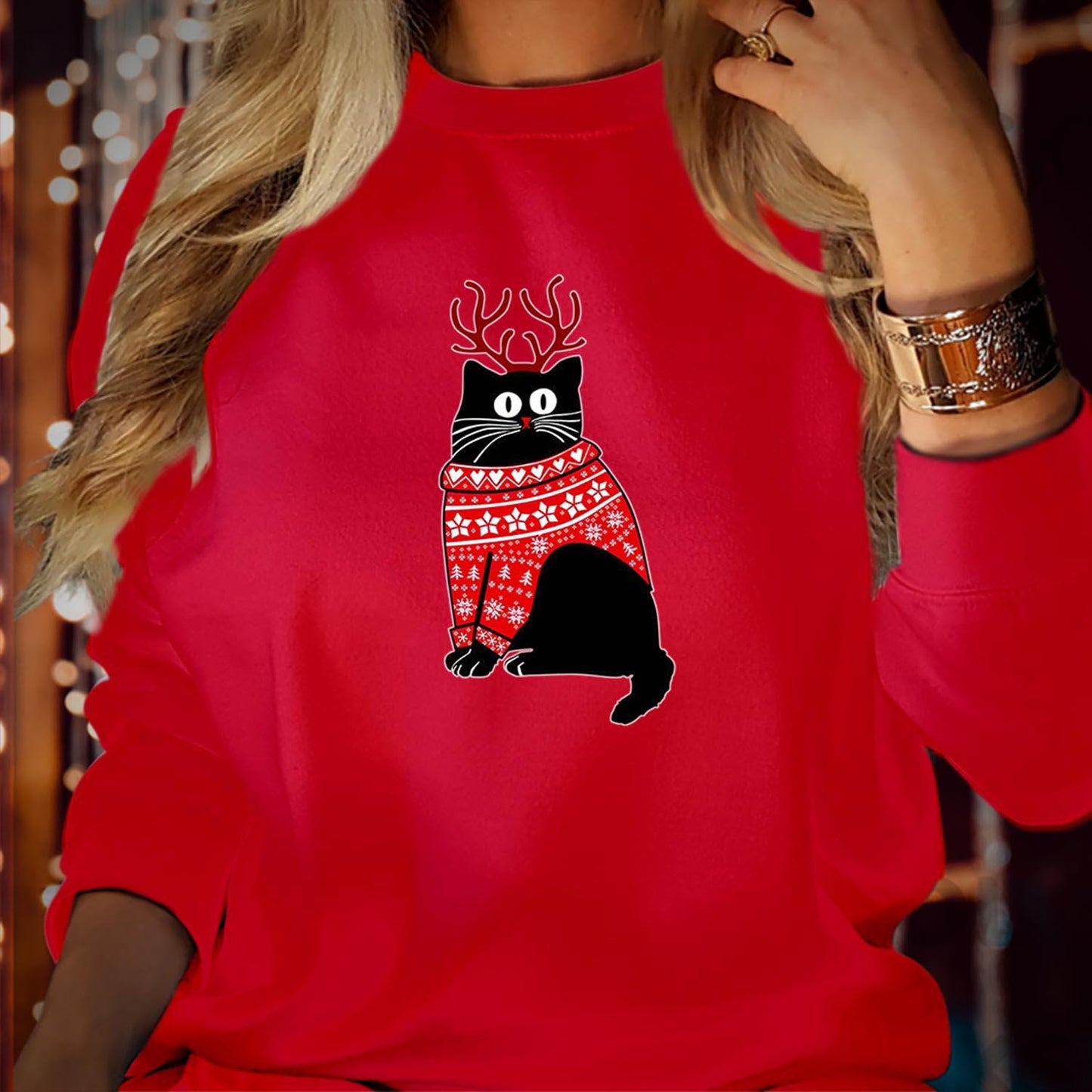 SWEATSHIRT (5133) CHRISTMAS CAT Reindeer Sweatshirts - Meowy Catmas Black Cat Cats Lover Cute Kitty Men Women Kids Gift, Merry Xmas Jumper