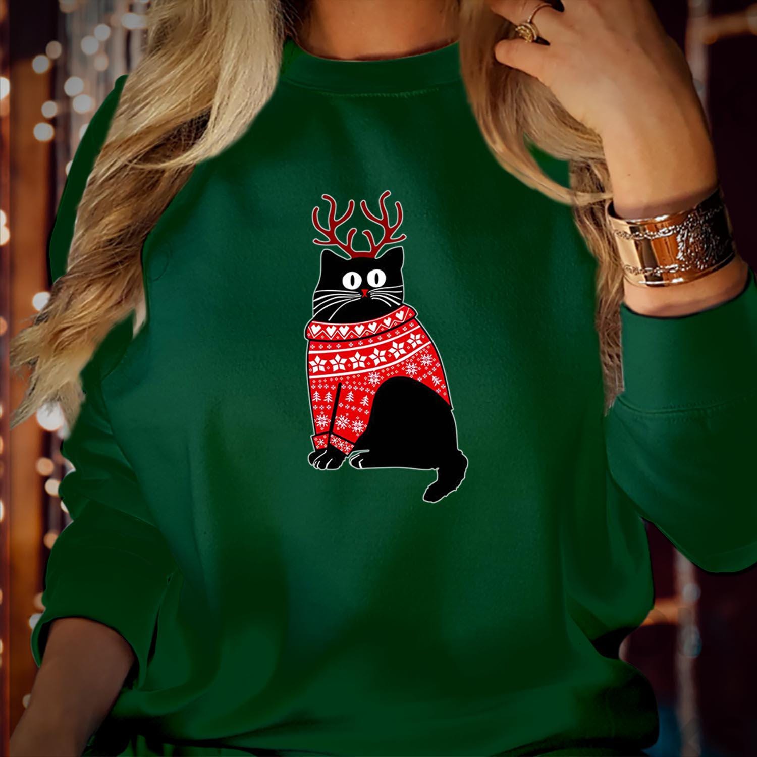 SWEATSHIRT (5133) CHRISTMAS CAT Reindeer Sweatshirts - Meowy Catmas Black Cat Cats Lover Cute Kitty Men Women Kids Gift, Merry Xmas Jumper