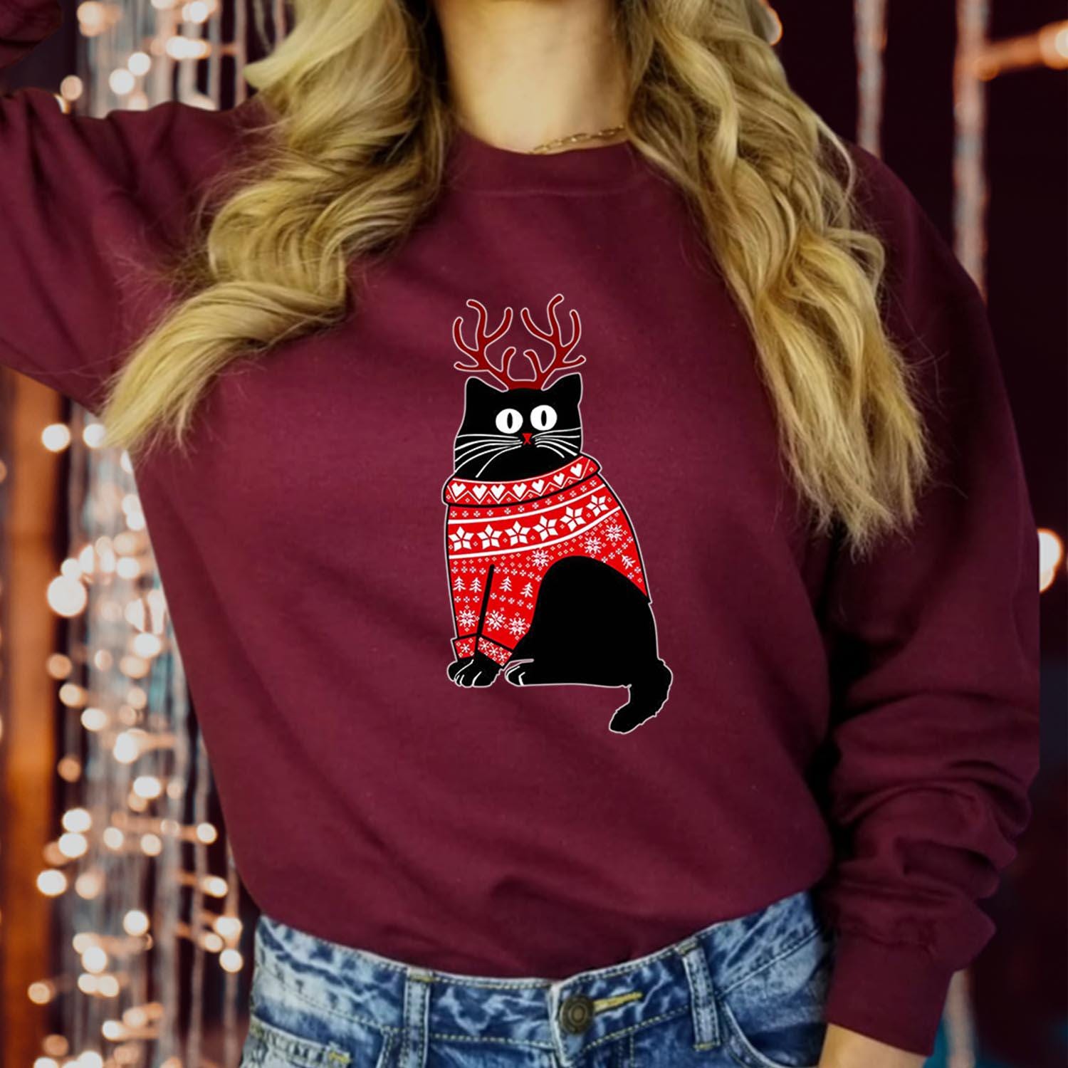 SWEATSHIRT (5133) CHRISTMAS CAT Reindeer Sweatshirts - Meowy Catmas Black Cat Cats Lover Cute Kitty Men Women Kids Gift, Merry Xmas Jumper