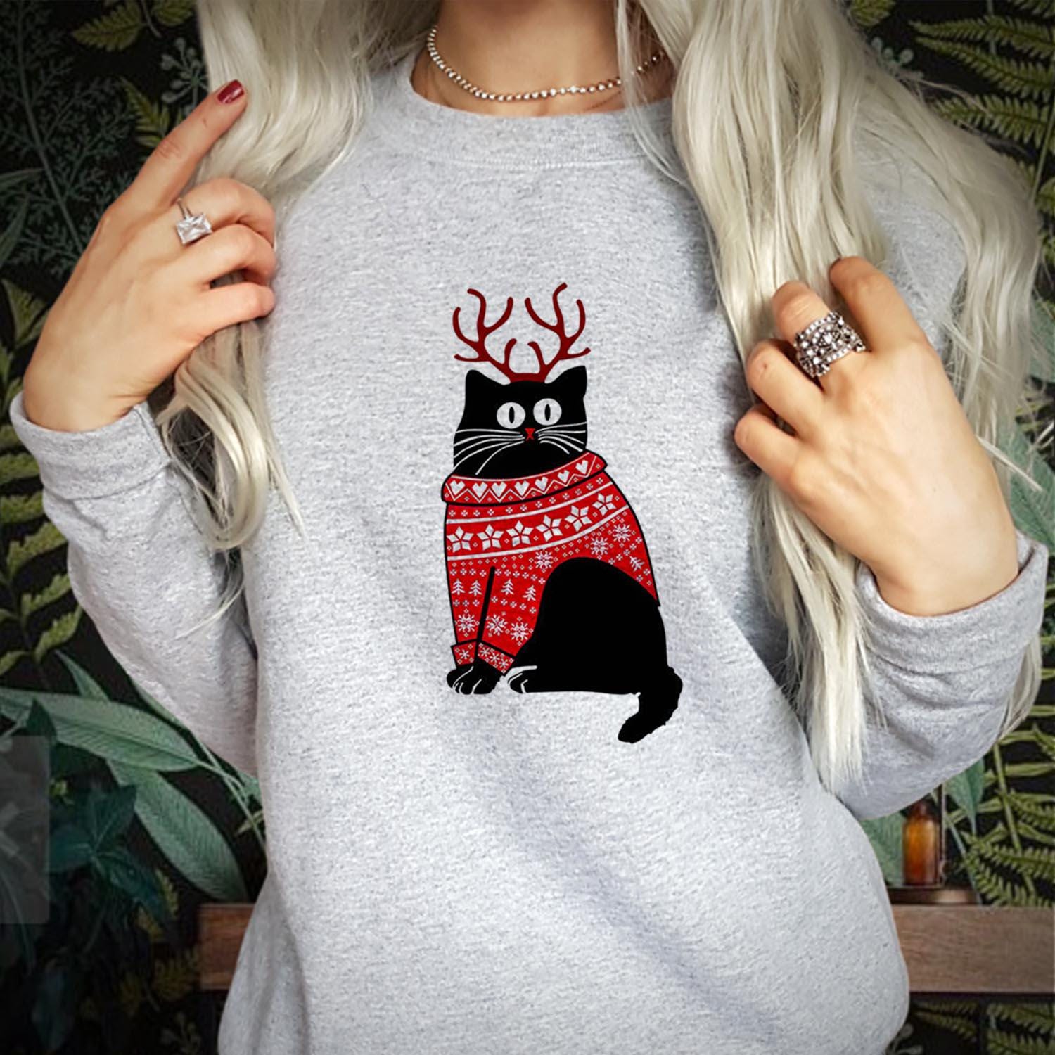 SWEATSHIRT (5133) CHRISTMAS CAT Reindeer Sweatshirts - Meowy Catmas Black Cat Cats Lover Cute Kitty Men Women Kids Gift, Merry Xmas Jumper