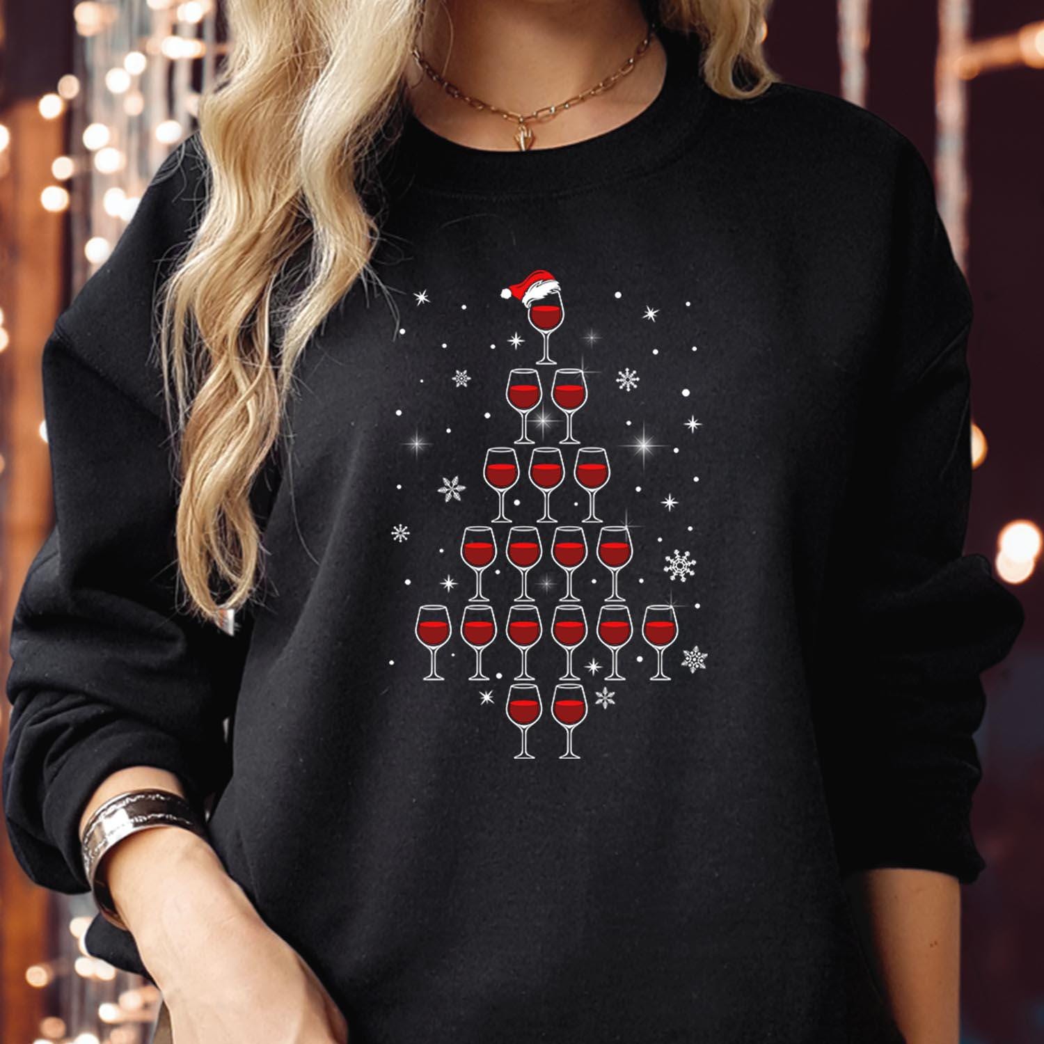 SWEATSHIRT (5159) Wine Glass Christmas Tree Sweatshirts - Merry Sipmas Funny Red Wine Beer Alcohol Lover Santa Hat Party Holiday Xmas Jumper