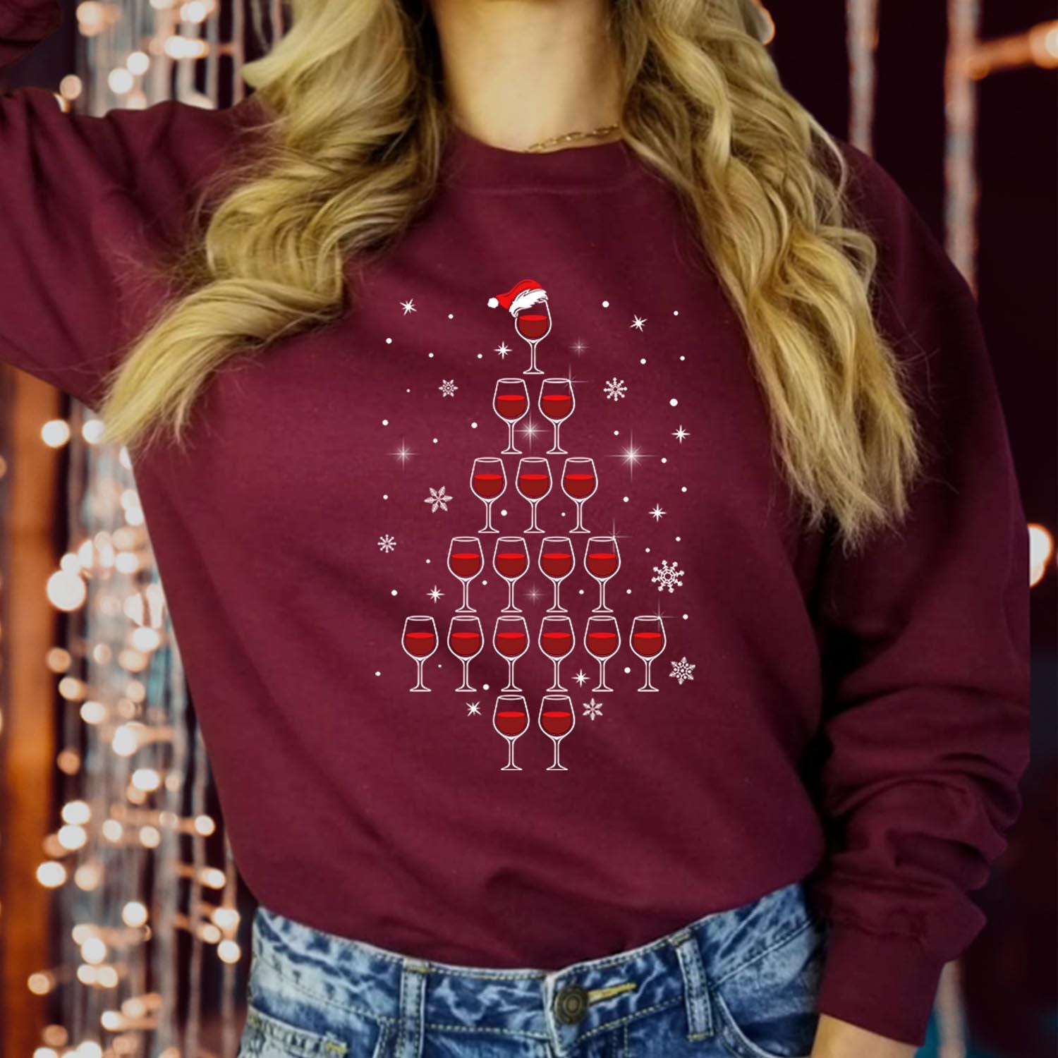 SWEATSHIRT (5159) Wine Glass Christmas Tree Sweatshirts - Merry Sipmas Funny Red Wine Beer Alcohol Lover Santa Hat Party Holiday Xmas Jumper