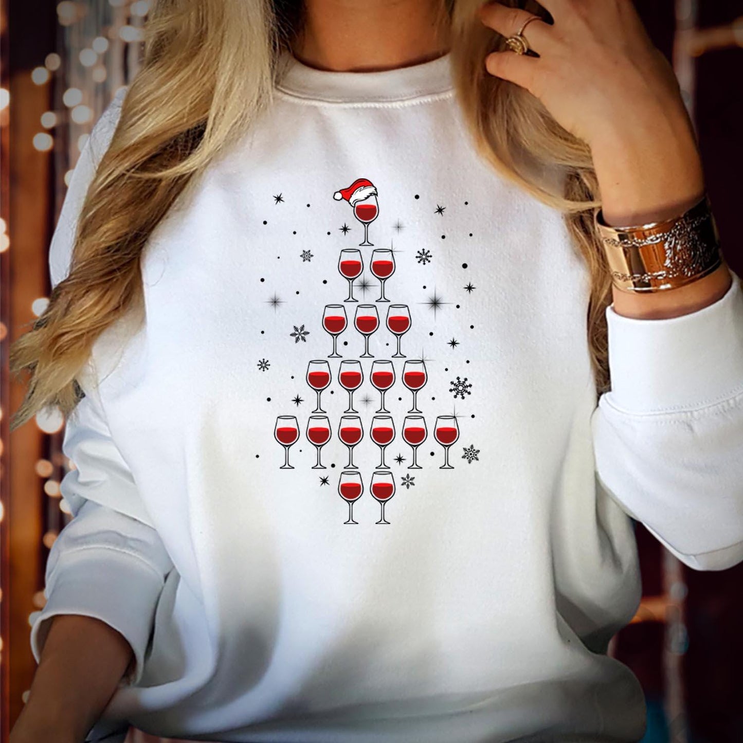 SWEATSHIRT (5159) Wine Glass Christmas Tree Sweatshirts - Merry Sipmas Funny Red Wine Beer Alcohol Lover Santa Hat Party Holiday Xmas Jumper