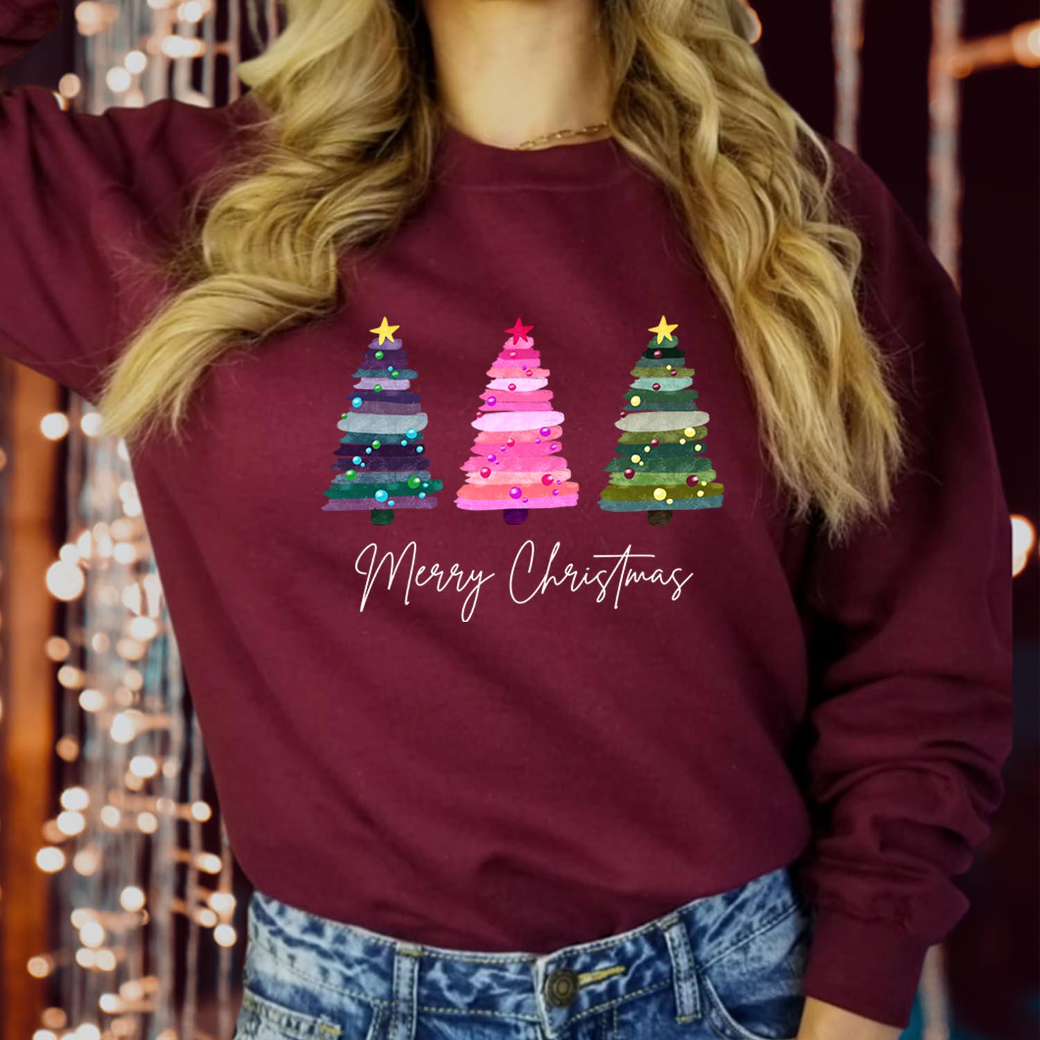 SWEATSHIRT (5293) Merry Christmas Tree Sweatshirts Colourful Christmas Pine tree Festive Christmas tree for women Xmas Christmas Jumper