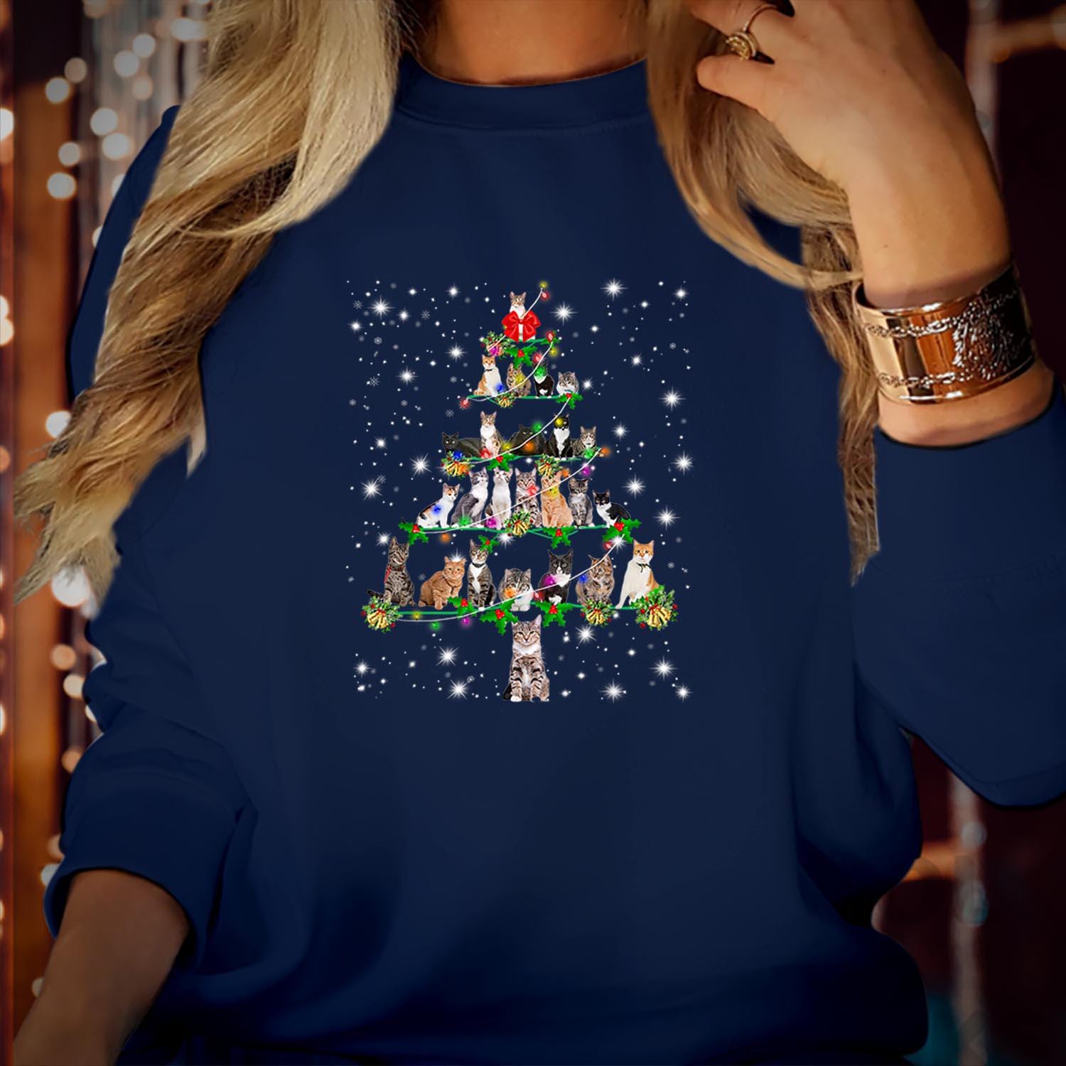 SWEATSHIRT (5342) Cats Christmas Tree Ornament Decor Sweatshirts - Cats Kitten Snow Cat Lover Mom Family Holiday Apparel - Xmas Light Jumper