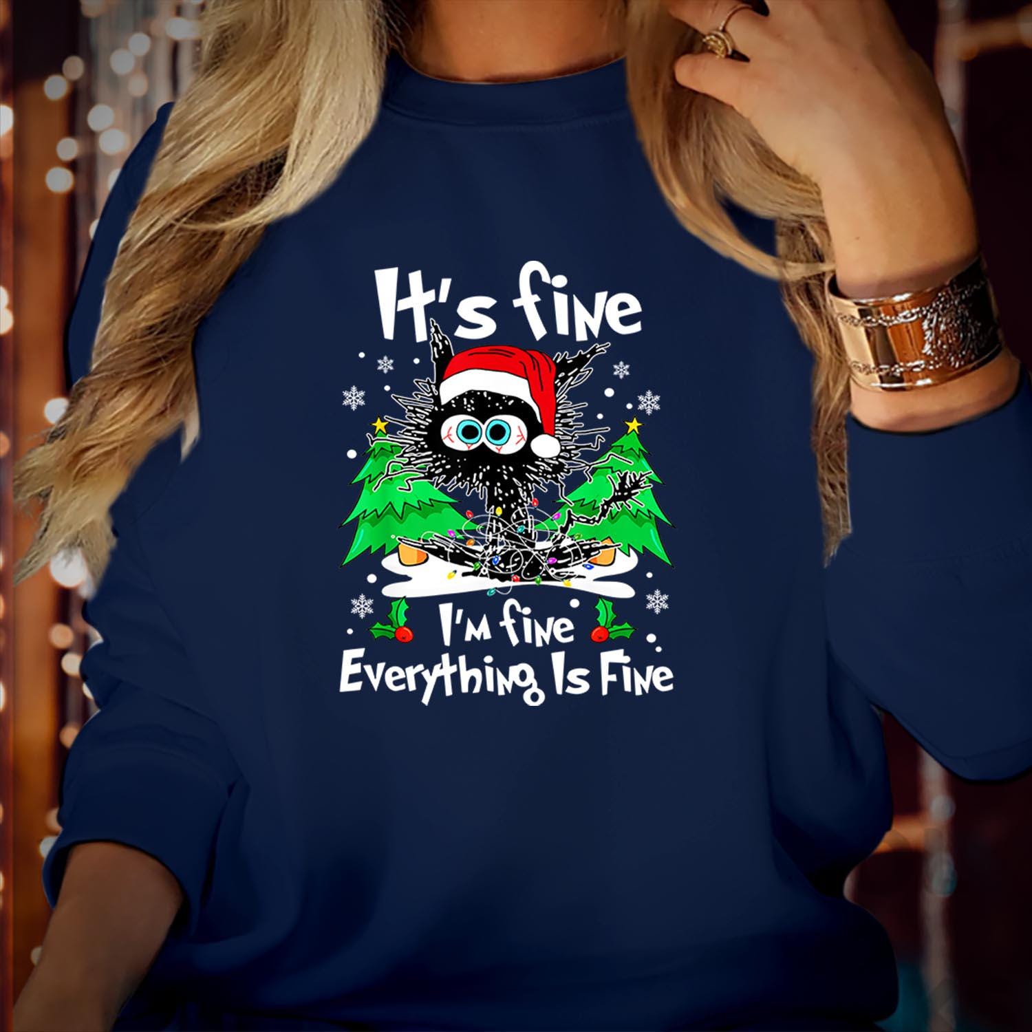 SWEATSHIRT (5354) Black Cat It's Fine Everything is Fine Christmas Sweaters - Funny Men Women's Kids Family Holiday Farm Animal Xmas Jumper