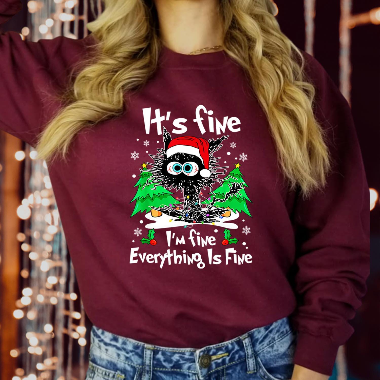 SWEATSHIRT (5354) Black Cat It's Fine Everything is Fine Christmas Sweaters - Funny Men Women's Kids Family Holiday Farm Animal Xmas Jumper