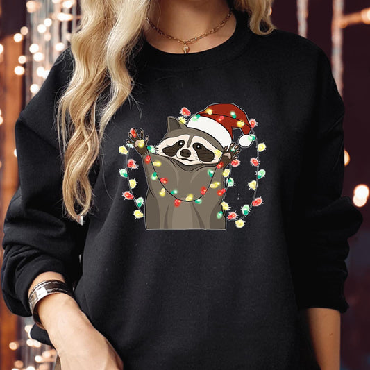 SWEATSHIRT (5356) Christmas Raccoon Funny Animal Light Santa Hat Sweatshirts - Funny Farm animals Elf Costume Xmas Family Holiday Jumper