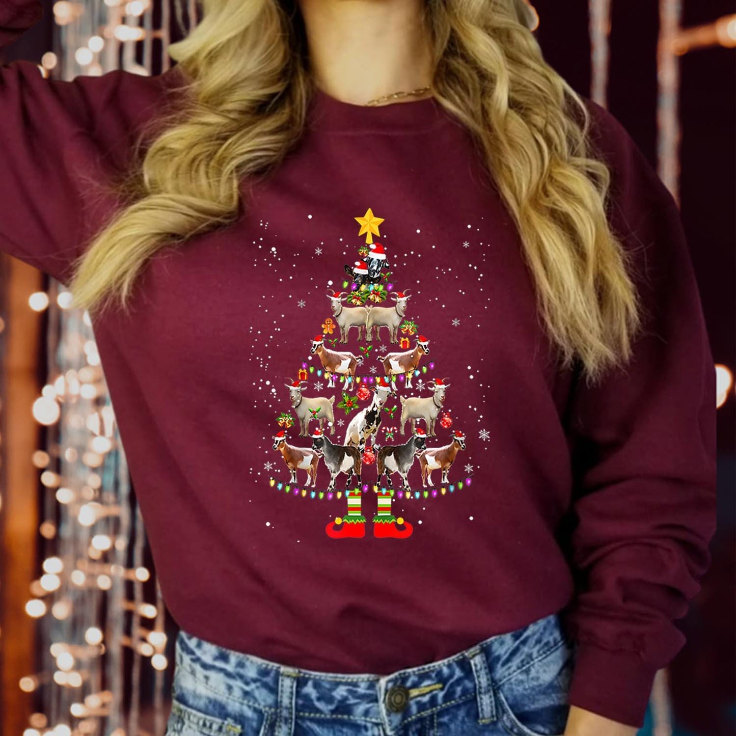 SWEATSHIRT (5362) Christmas Tree GOAT Holiday Sweatshirts - Cute Farm Animals Santa Light Decorations Snow Party Matching Outfit Xmas Jumper