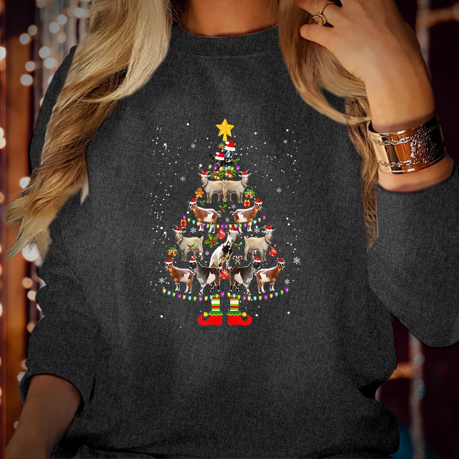 SWEATSHIRT (5362) Christmas Tree GOAT Holiday Sweatshirts - Cute Farm Animals Santa Light Decorations Snow Party Matching Outfit Xmas Jumper