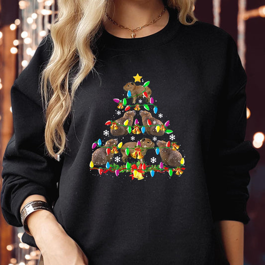 SWEATSHIRT (5373) Festive Capybara Christmas Tree Sweatshirts -  Cute Holiday Lights Farm Animal Santa Family Costume - Merry Xmas Jumper