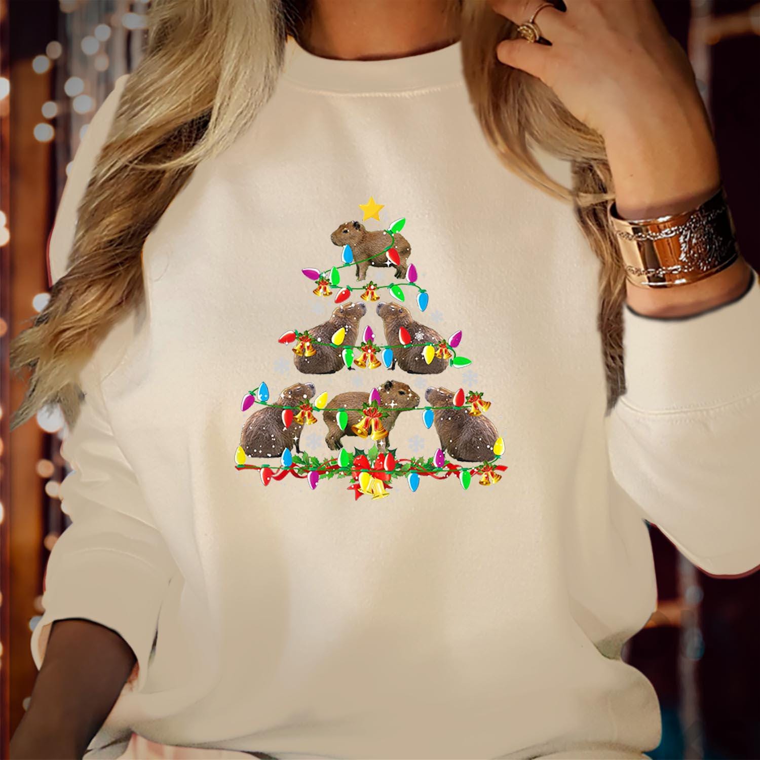 SWEATSHIRT (5373) Festive Capybara Christmas Tree Sweatshirts -  Cute Holiday Lights Farm Animal Santa Family Costume - Merry Xmas Jumper