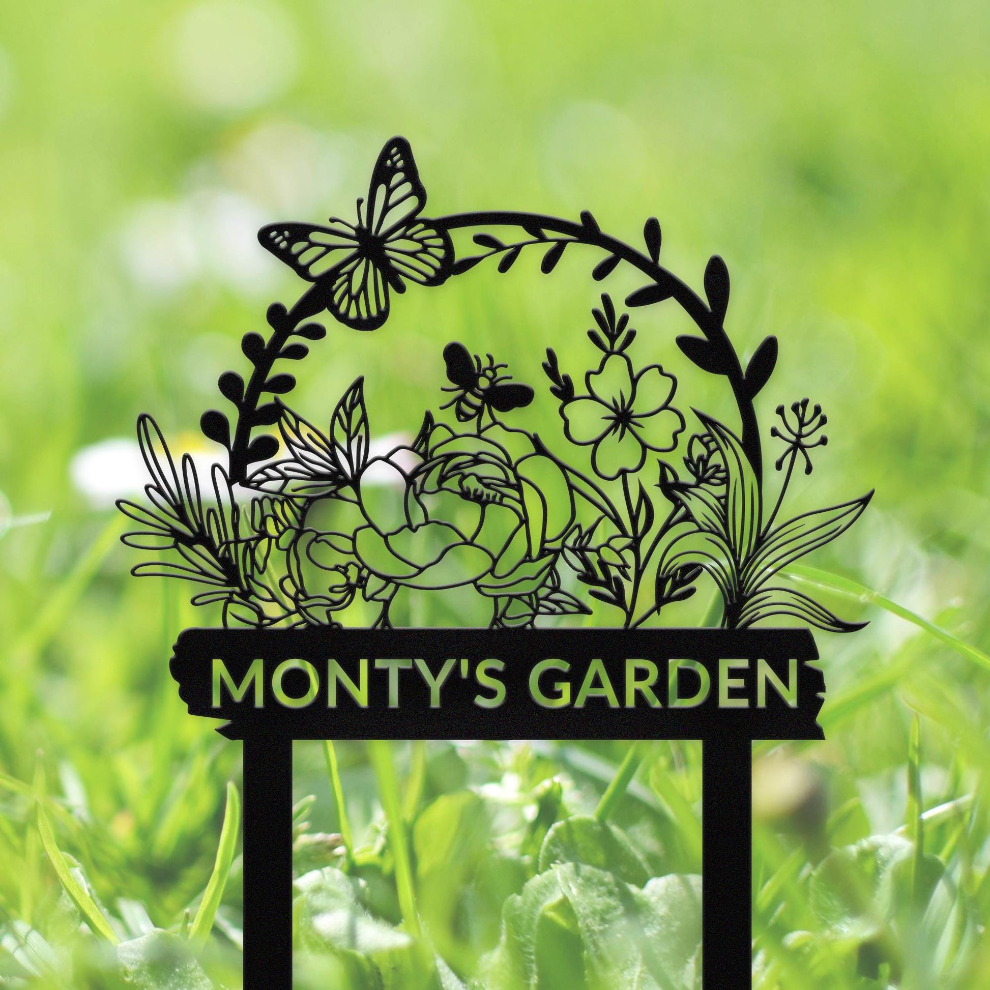 Personalized Garden Name Sign, Custom Flower Garden Sign, Flower Sign with Stakes, Garden Butterfly Sign, Outdoor Metal Sign, Lawn Signs