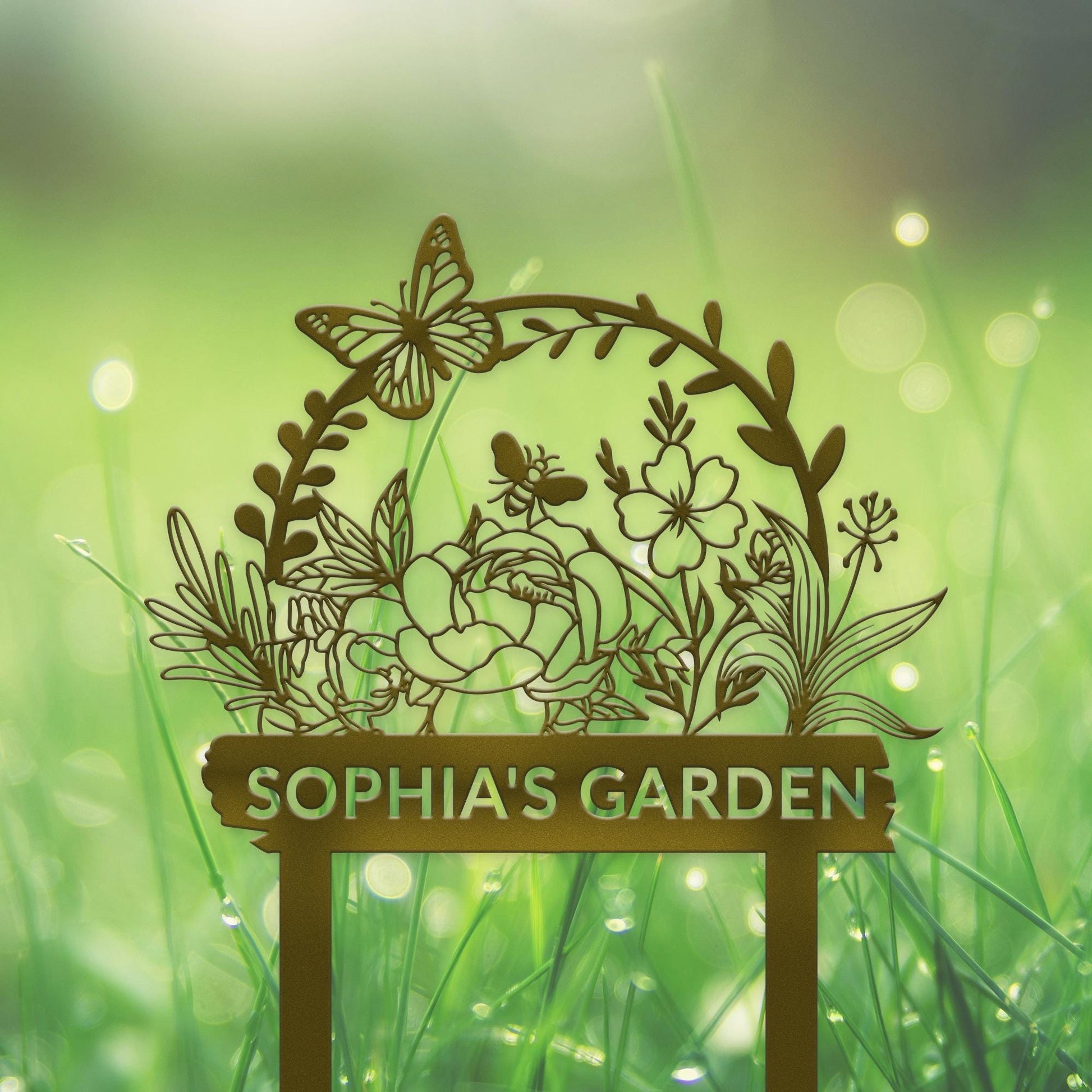 Personalized Garden Name Sign, Custom Flower Garden Sign, Flower Sign with Stakes, Garden Butterfly Sign, Outdoor Metal Sign, Lawn Signs