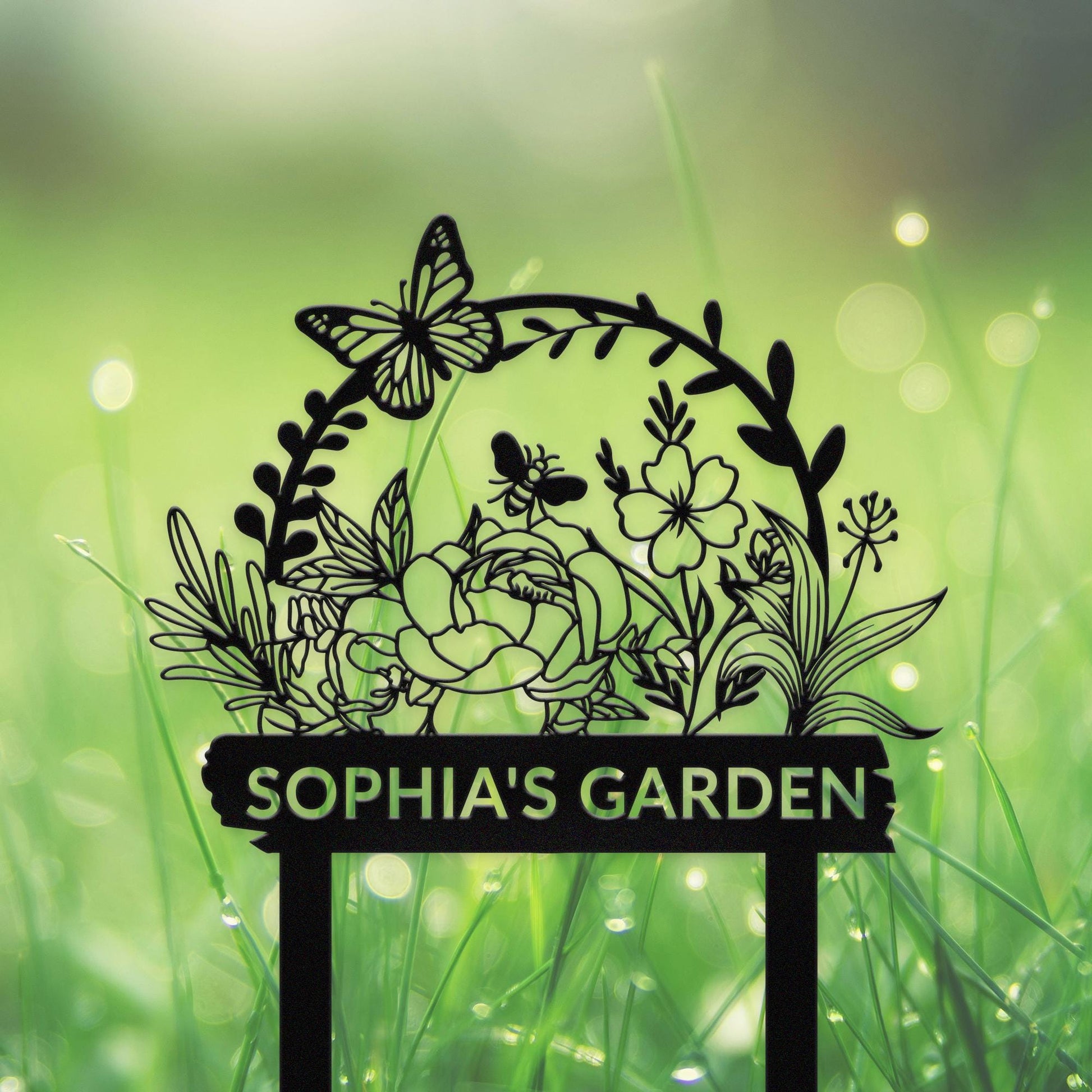 Personalized Garden Name Sign, Custom Flower Garden Sign, Flower Sign with Stakes, Garden Butterfly Sign, Outdoor Metal Sign, Lawn Signs