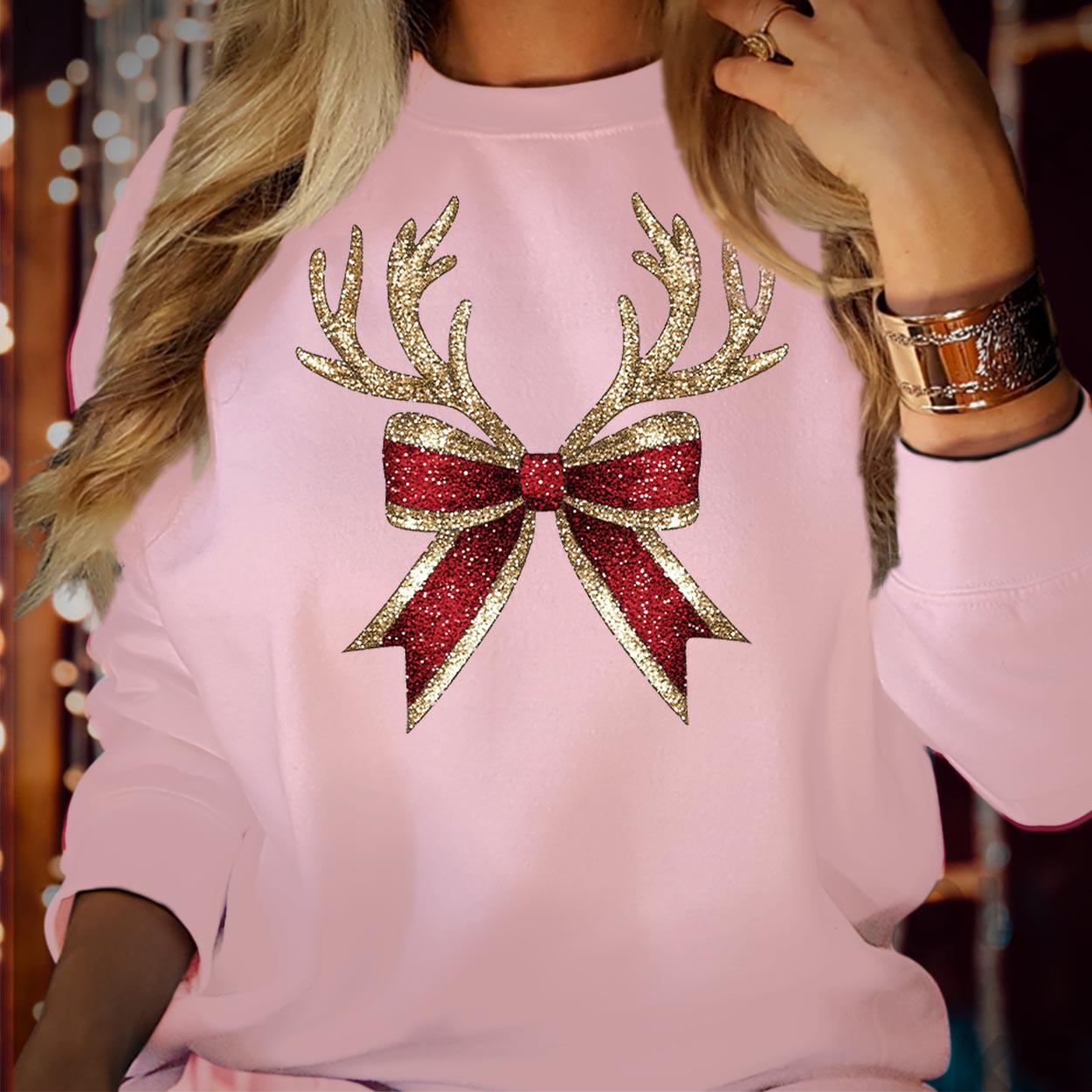 SWEATSHIRT (5174) Merry Christmas Coquette Reindeer Bow Bright & Merry Festive Funny Family Holiday Season Gift Xmas Jumper