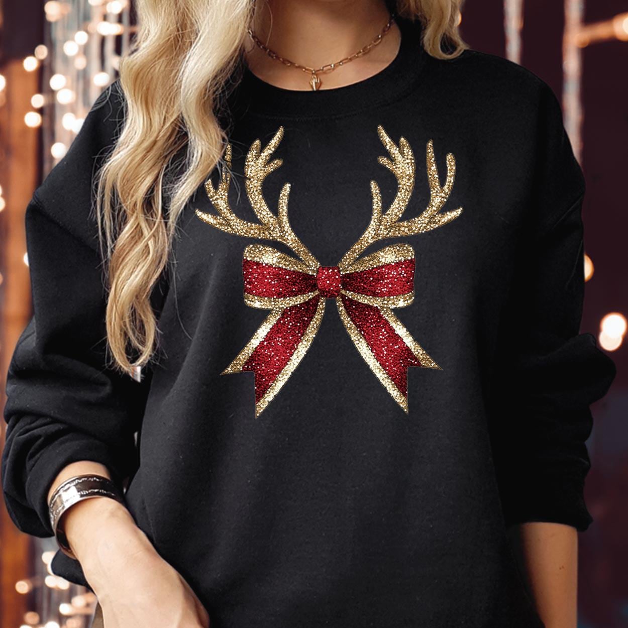 SWEATSHIRT (5174) Merry Christmas Coquette Reindeer Bow Bright & Merry Festive Funny Family Holiday Season Gift Xmas Jumper