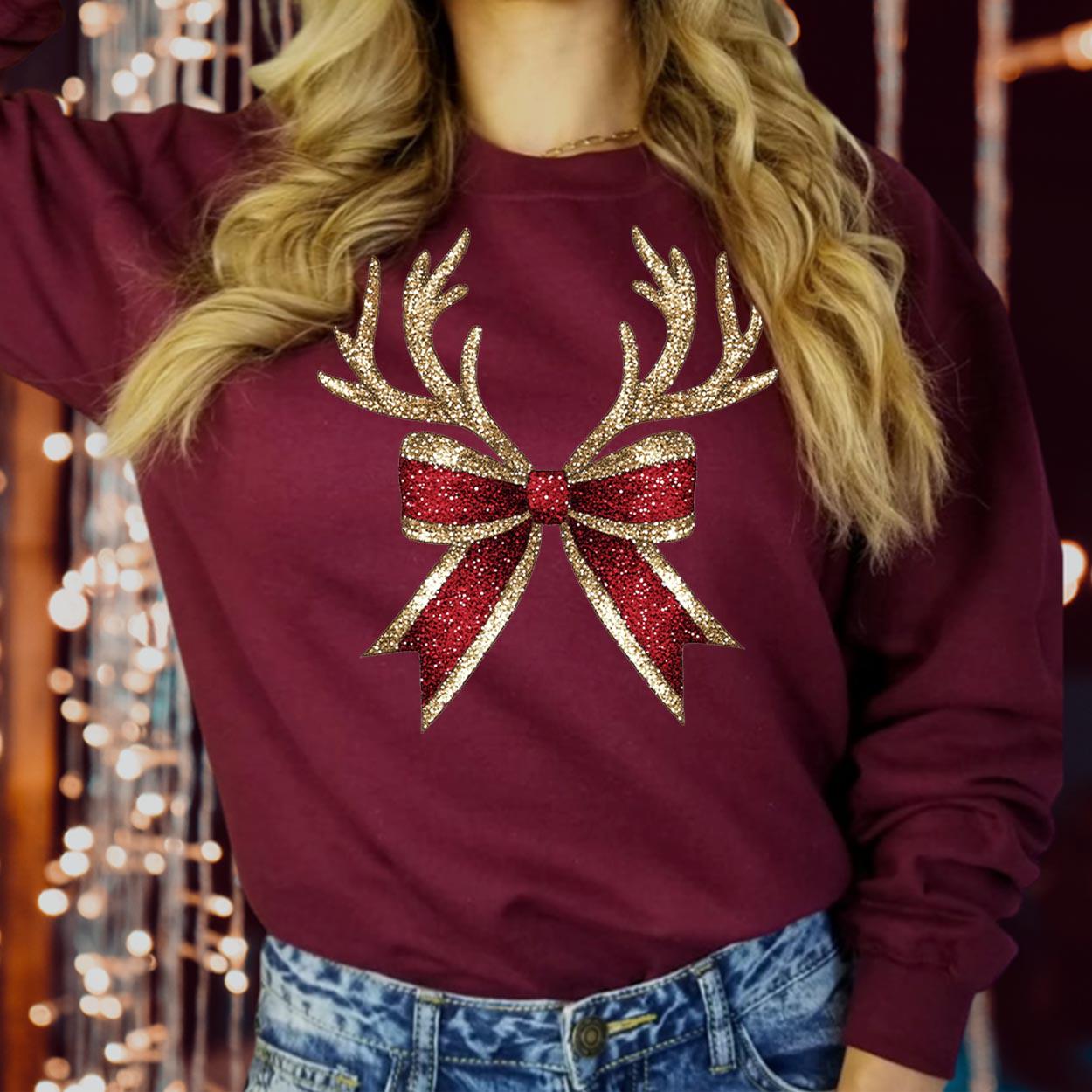 SWEATSHIRT (5174) Merry Christmas Coquette Reindeer Bow Bright & Merry Festive Funny Family Holiday Season Gift Xmas Jumper