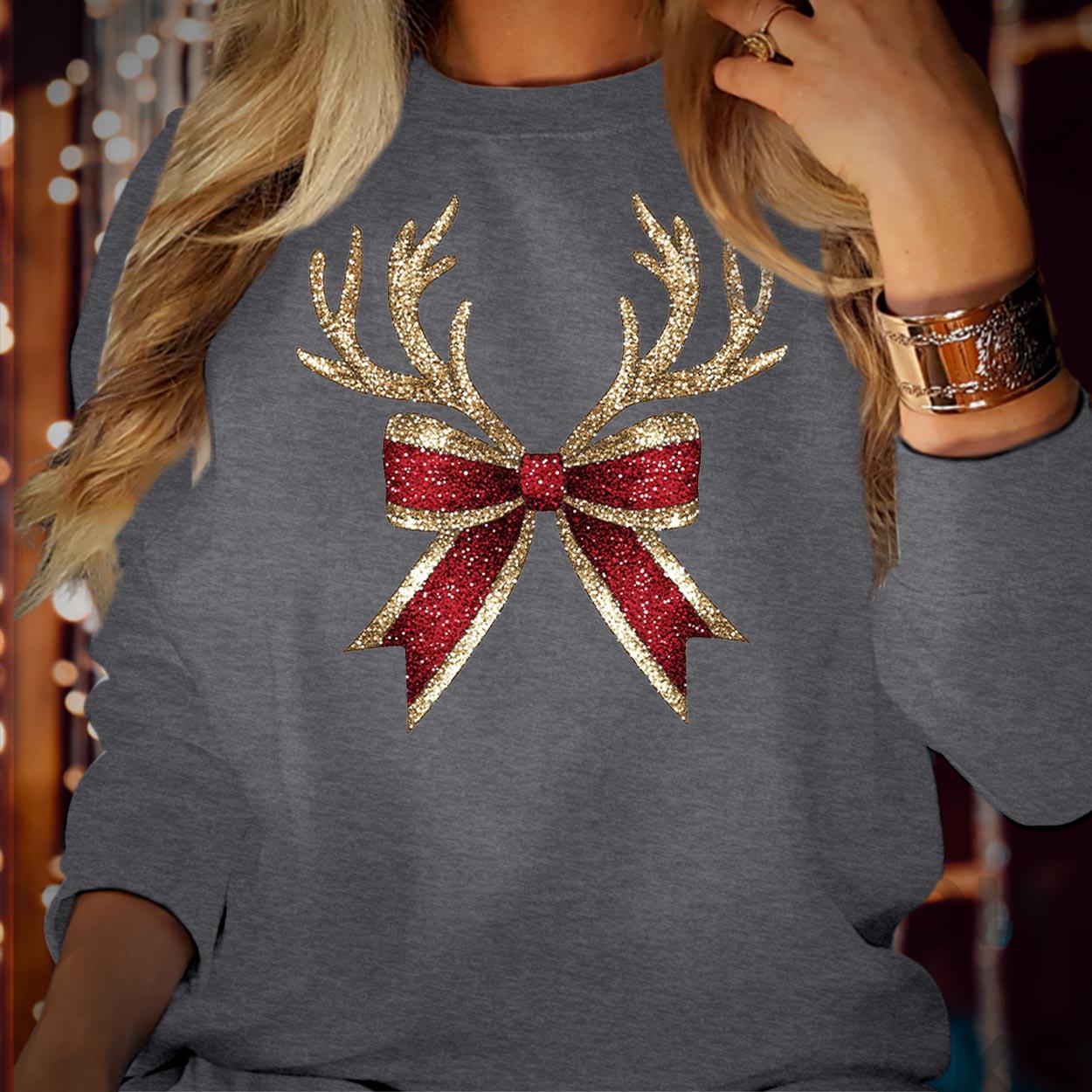 SWEATSHIRT (5174) Merry Christmas Coquette Reindeer Bow Bright & Merry Festive Funny Family Holiday Season Gift Xmas Jumper