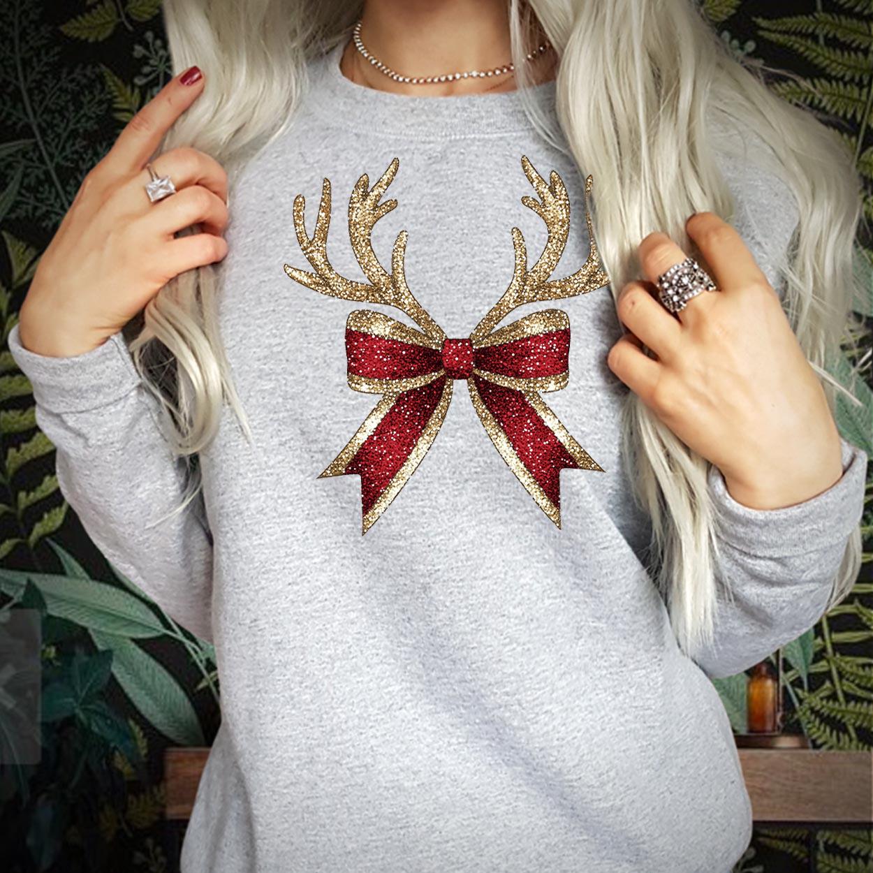 SWEATSHIRT (5174) Merry Christmas Coquette Reindeer Bow Bright & Merry Festive Funny Family Holiday Season Gift Xmas Jumper