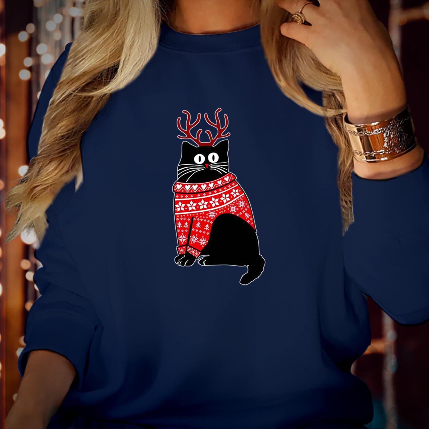 SWEATSHIRT (5133) CHRISTMAS CAT Reindeer Sweatshirts - Meowy Catmas Black Cat Cats Lover Cute Kitty Men Women Kids Gift, Merry Xmas Jumper