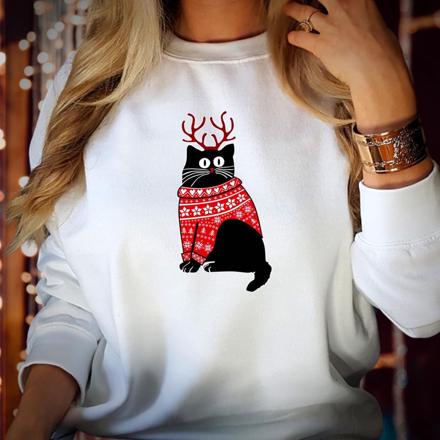 SWEATSHIRT (5133) CHRISTMAS CAT Reindeer Sweatshirts - Meowy Catmas Black Cat Cats Lover Cute Kitty Men Women Kids Gift, Merry Xmas Jumper