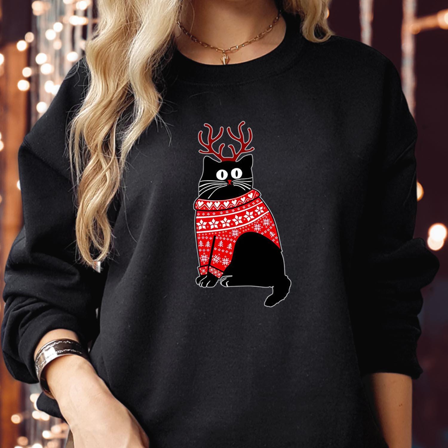 SWEATSHIRT (5133) CHRISTMAS CAT Reindeer Sweatshirts - Meowy Catmas Black Cat Cats Lover Cute Kitty Men Women Kids Gift, Merry Xmas Jumper