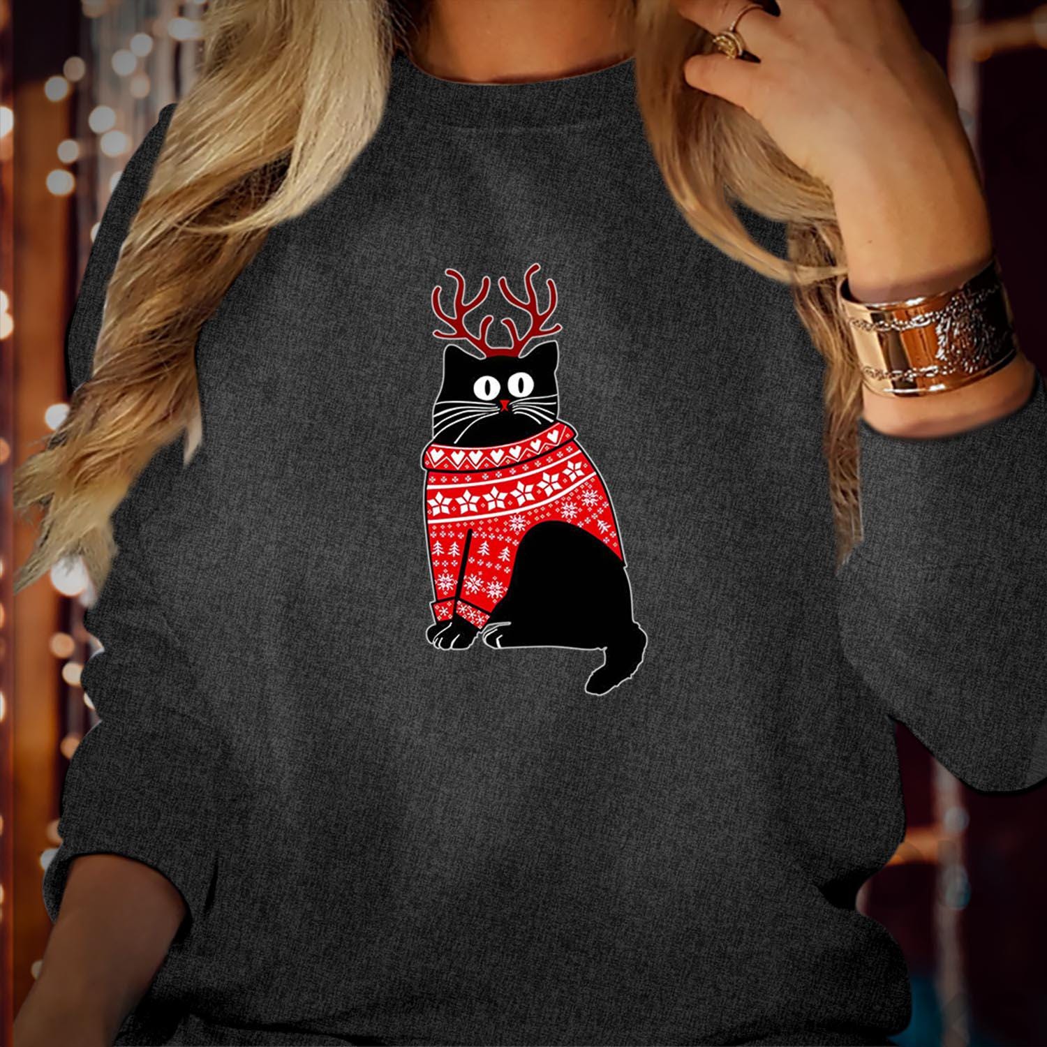 SWEATSHIRT (5133) CHRISTMAS CAT Reindeer Sweatshirts - Meowy Catmas Black Cat Cats Lover Cute Kitty Men Women Kids Gift, Merry Xmas Jumper