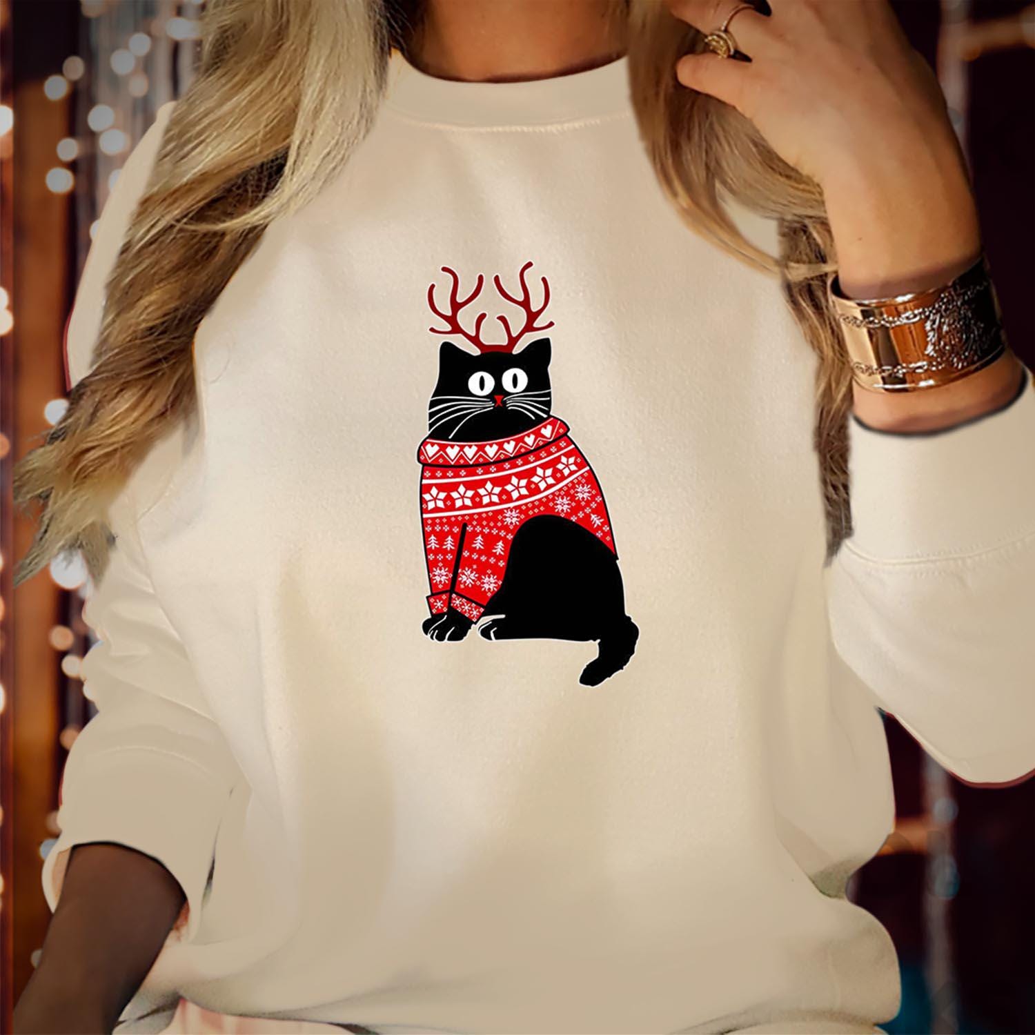 SWEATSHIRT (5133) CHRISTMAS CAT Reindeer Sweatshirts - Meowy Catmas Black Cat Cats Lover Cute Kitty Men Women Kids Gift, Merry Xmas Jumper