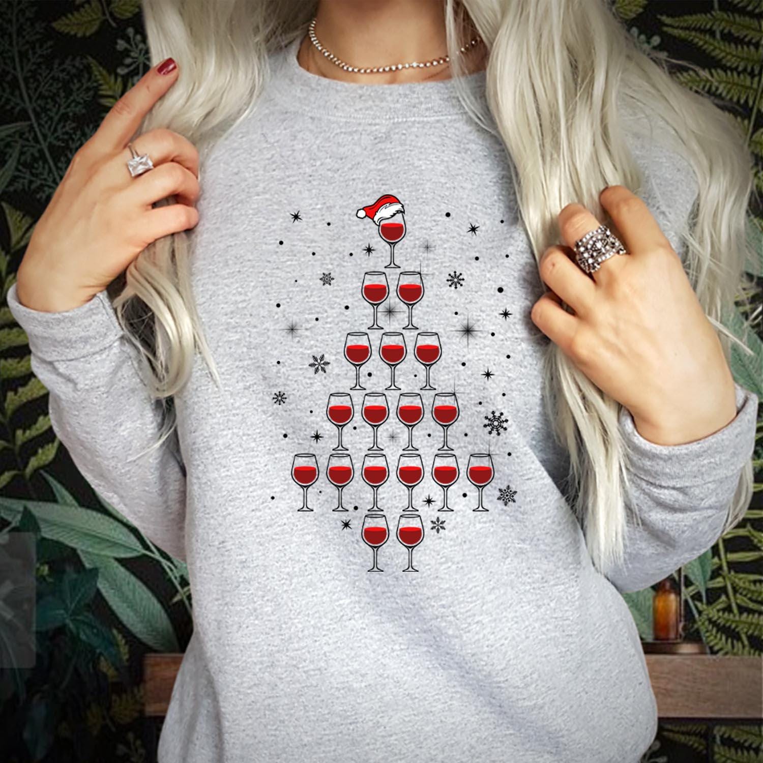 SWEATSHIRT (5159) Wine Glass Christmas Tree Sweatshirts - Merry Sipmas Funny Red Wine Beer Alcohol Lover Santa Hat Party Holiday Xmas Jumper