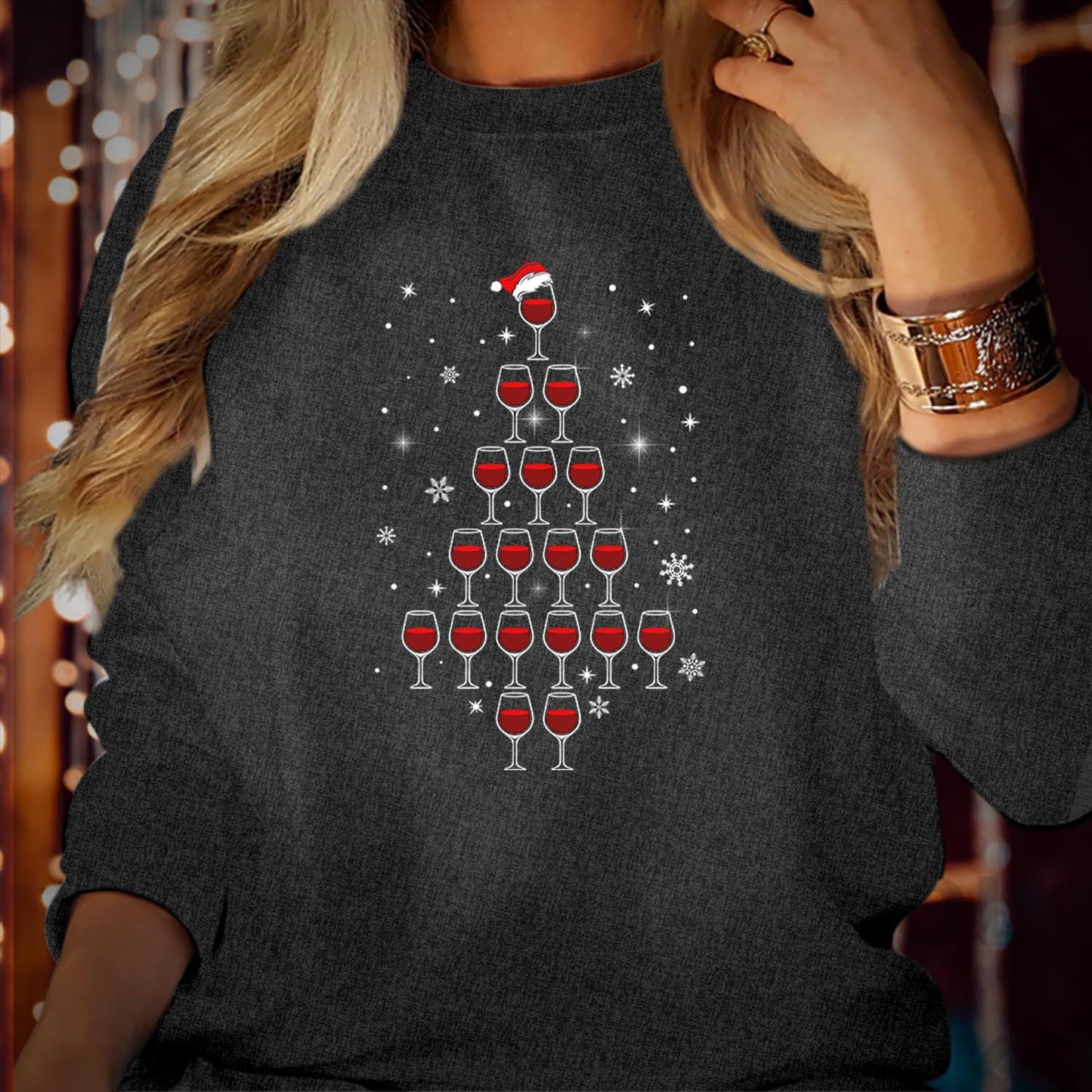 SWEATSHIRT (5159) Wine Glass Christmas Tree Sweatshirts - Merry Sipmas Funny Red Wine Beer Alcohol Lover Santa Hat Party Holiday Xmas Jumper