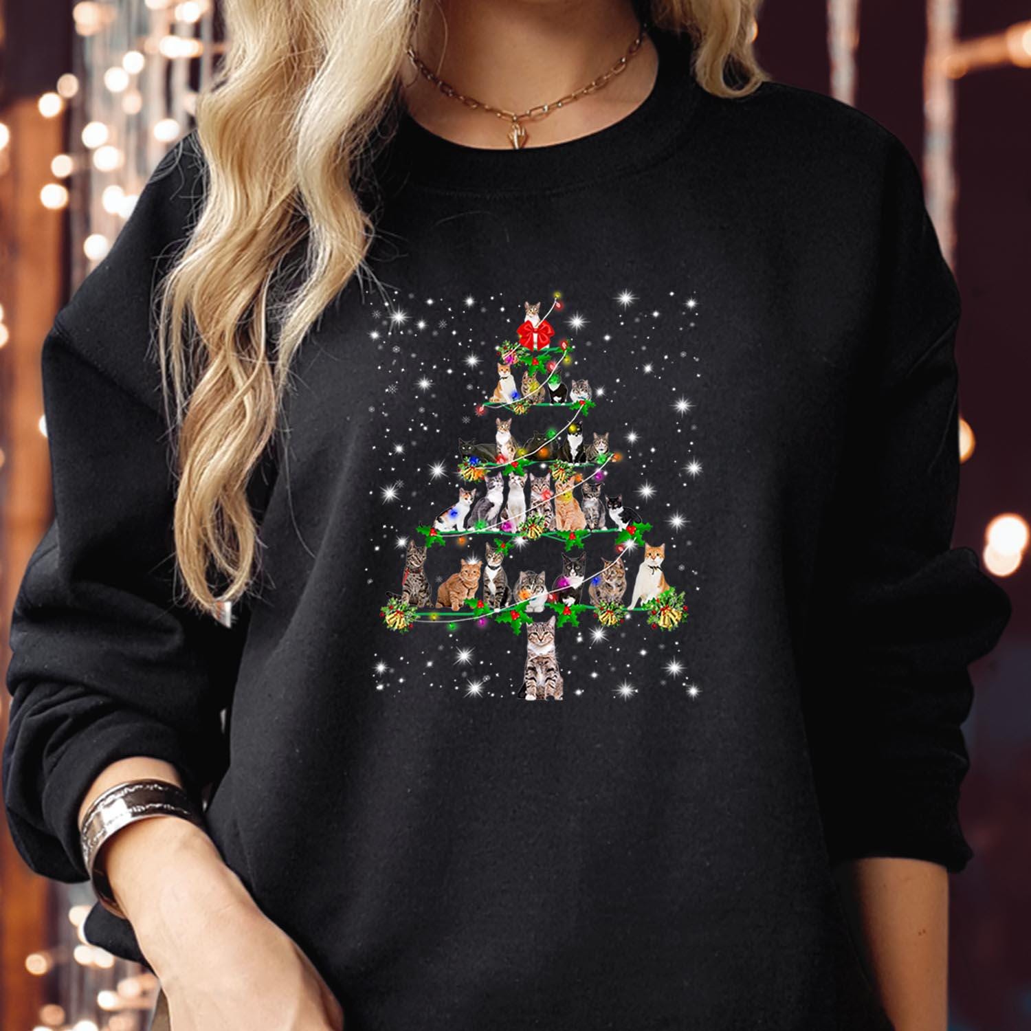 SWEATSHIRT (5342) Cats Christmas Tree Ornament Decor Sweatshirts - Cats Kitten Snow Cat Lover Mom Family Holiday Apparel - Xmas Light Jumper