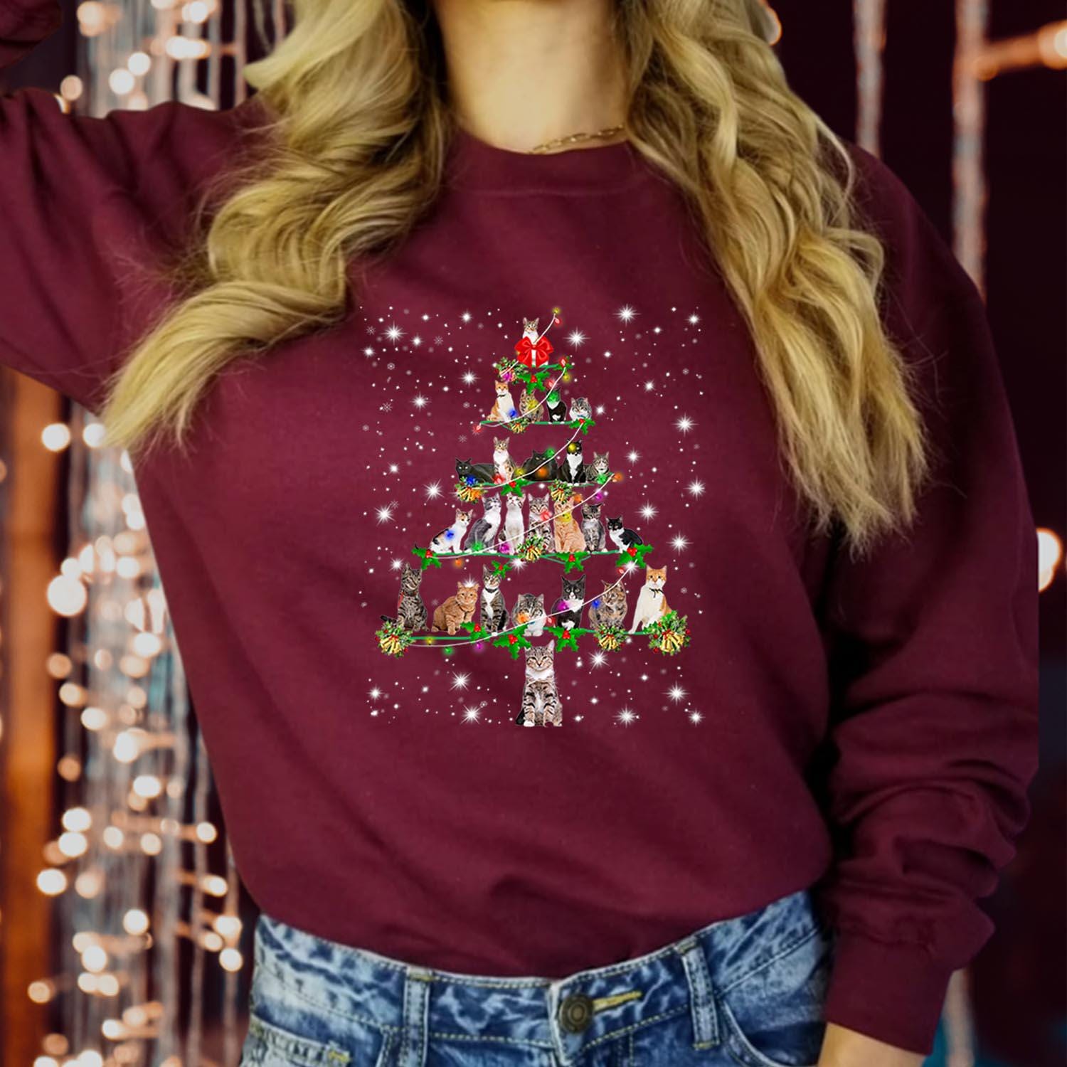 SWEATSHIRT (5342) Cats Christmas Tree Ornament Decor Sweatshirts - Cats Kitten Snow Cat Lover Mom Family Holiday Apparel - Xmas Light Jumper