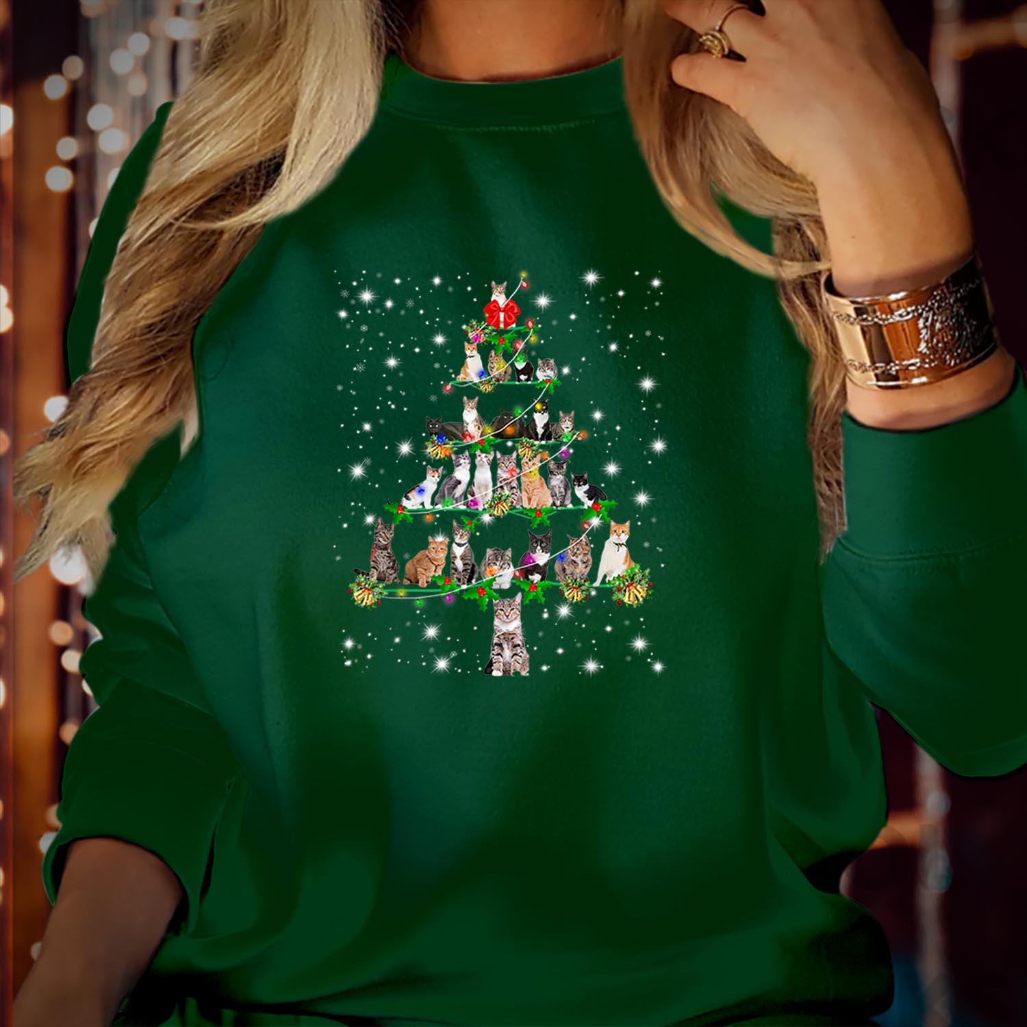 SWEATSHIRT (5342) Cats Christmas Tree Ornament Decor Sweatshirts - Cats Kitten Snow Cat Lover Mom Family Holiday Apparel - Xmas Light Jumper