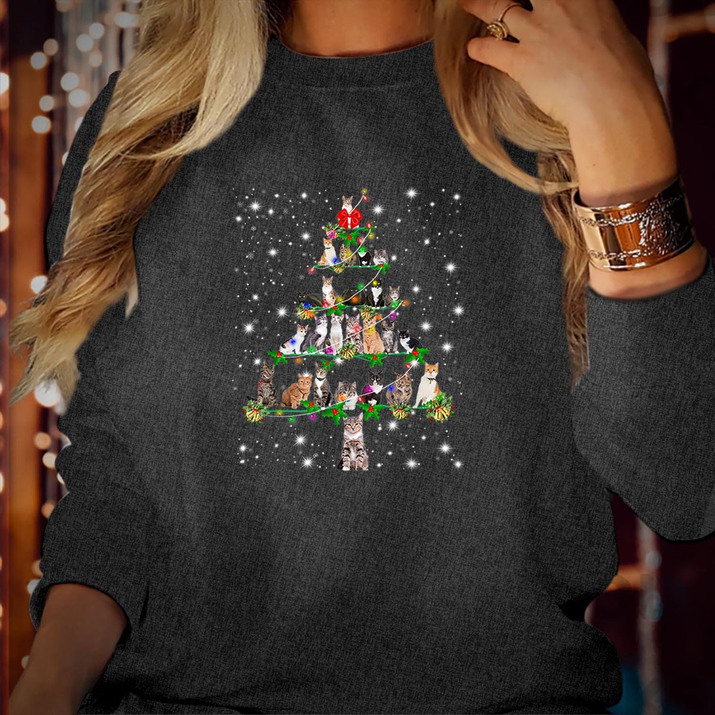 SWEATSHIRT (5342) Cats Christmas Tree Ornament Decor Sweatshirts - Cats Kitten Snow Cat Lover Mom Family Holiday Apparel - Xmas Light Jumper